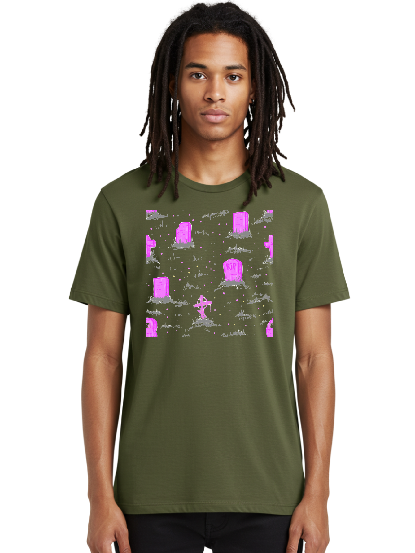Rip-Graveyard Men'S Graphic Tee, 100% Cotton, Comfortable Casual Summer Wear, Machine Washable, Graveyard Scene, Pink Tombstones, Rip Inscription, Graveyard Crosses, Kawaii Style, Halloween Theme, Cartoonish Illustration, Pastel Colors, Aac419
