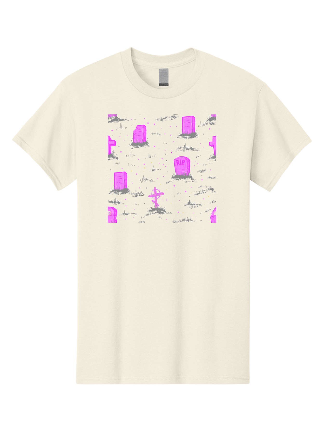 Rip-Graveyard Men'S Graphic Tee, 100% Cotton, Comfortable Casual Summer Wear, Machine Washable, Graveyard Scene, Pink Tombstones, Rip Inscription, Graveyard Crosses, Kawaii Style, Halloween Theme, Cartoonish Illustration, Pastel Colors, Aac419