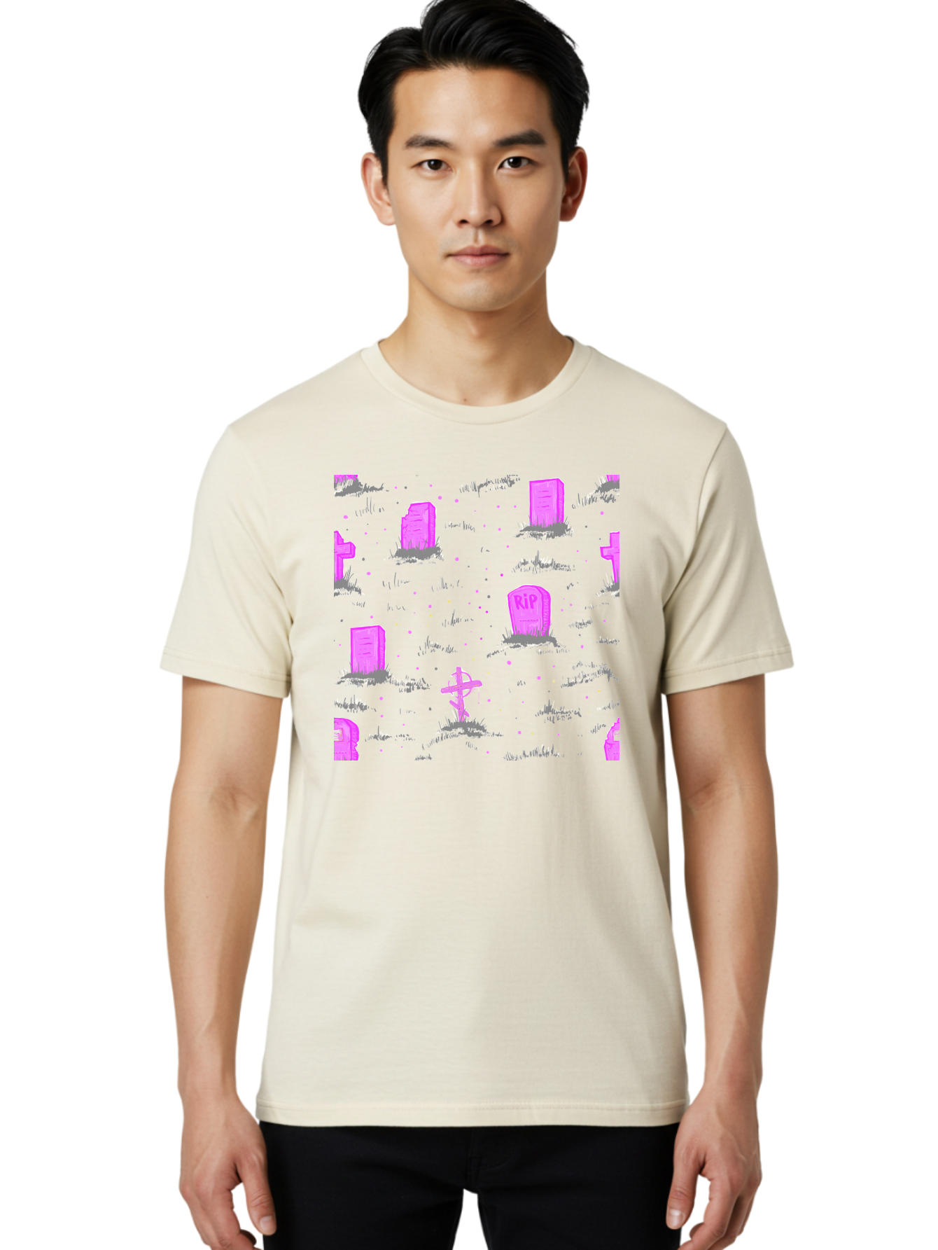 Rip-Graveyard Men'S Graphic Tee, 100% Cotton, Comfortable Casual Summer Wear, Machine Washable, Graveyard Scene, Pink Tombstones, Rip Inscription, Graveyard Crosses, Kawaii Style, Halloween Theme, Cartoonish Illustration, Pastel Colors, Aac419