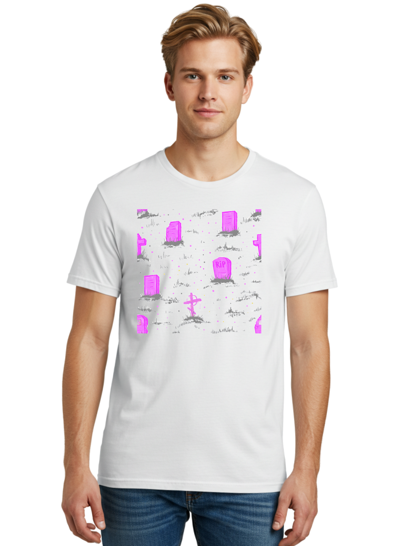 Rip-Graveyard Men'S Graphic Tee, 100% Cotton, Comfortable Casual Summer Wear, Machine Washable, Graveyard Scene, Pink Tombstones, Rip Inscription, Graveyard Crosses, Kawaii Style, Halloween Theme, Cartoonish Illustration, Pastel Colors, Aac419