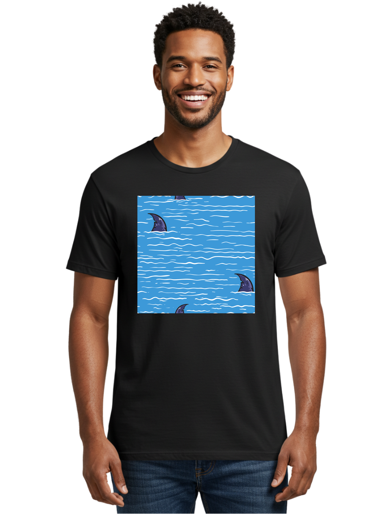 Shark-Fins Men'S Graphic Tee, 100% Cotton, Comfortable Casual Summer Wear, Machine Washable, Shark Fins In Water, Ocean Fins, Shark Attack, Marine Life, Blue Ocean, Wavy Sea, Shark Danger, Aquatic Scene Aac420