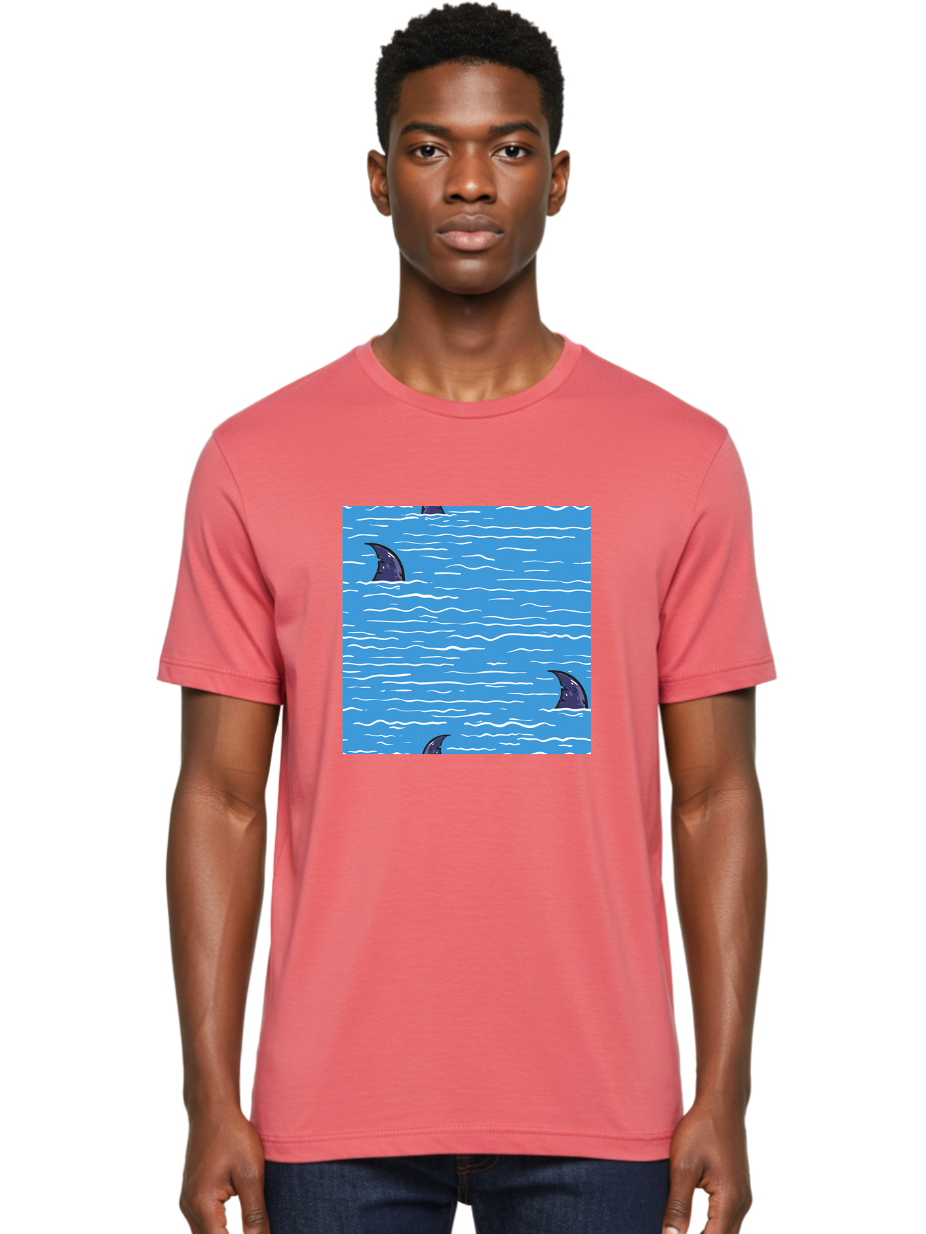 Shark-Fins Men'S Graphic Tee, 100% Cotton, Comfortable Casual Summer Wear, Machine Washable, Shark Fins In Water, Ocean Fins, Shark Attack, Marine Life, Blue Ocean, Wavy Sea, Shark Danger, Aquatic Scene Aac420