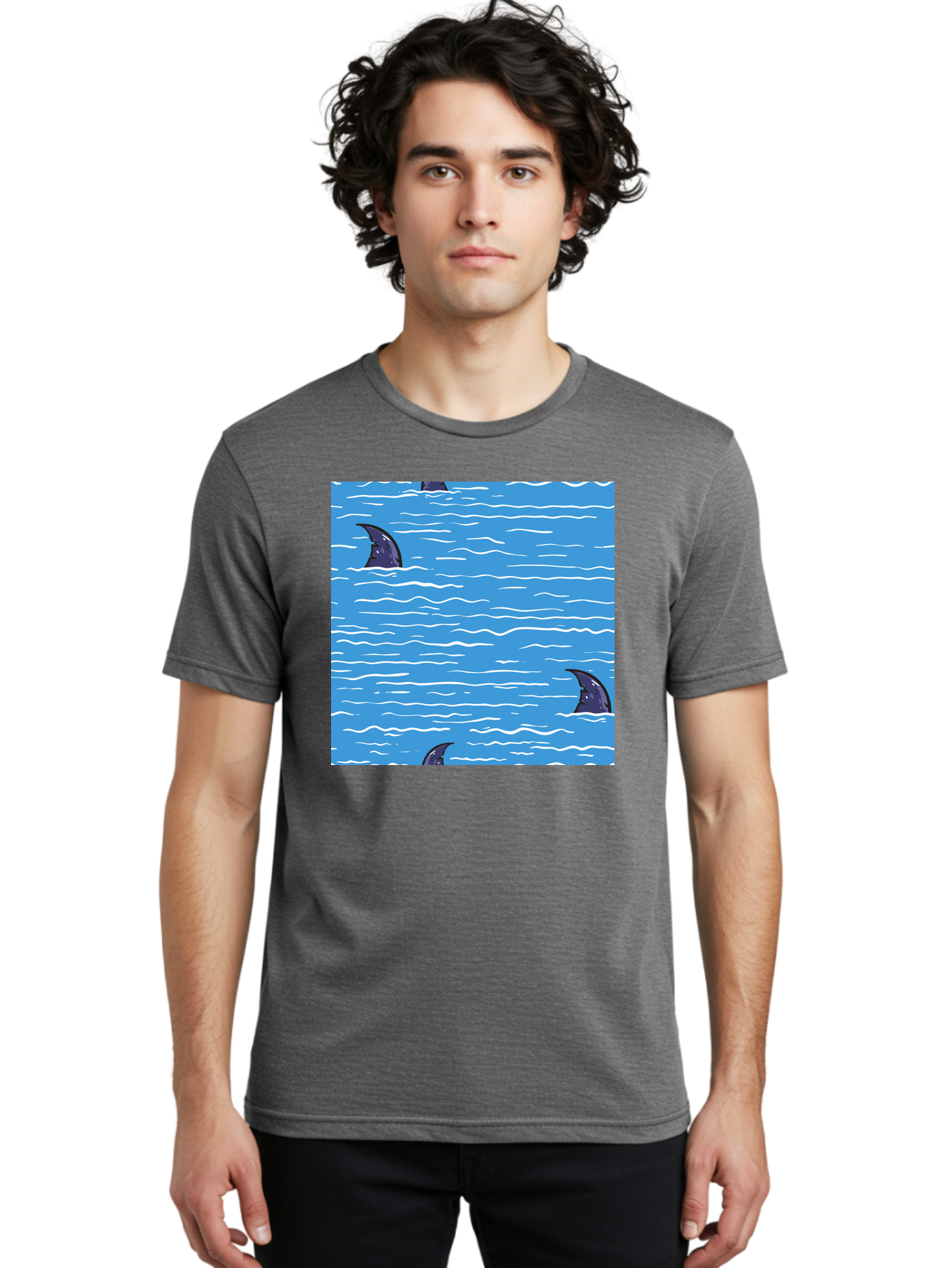 Shark-Fins Men'S Graphic Tee, 100% Cotton, Comfortable Casual Summer Wear, Machine Washable, Shark Fins In Water, Ocean Fins, Shark Attack, Marine Life, Blue Ocean, Wavy Sea, Shark Danger, Aquatic Scene Aac420
