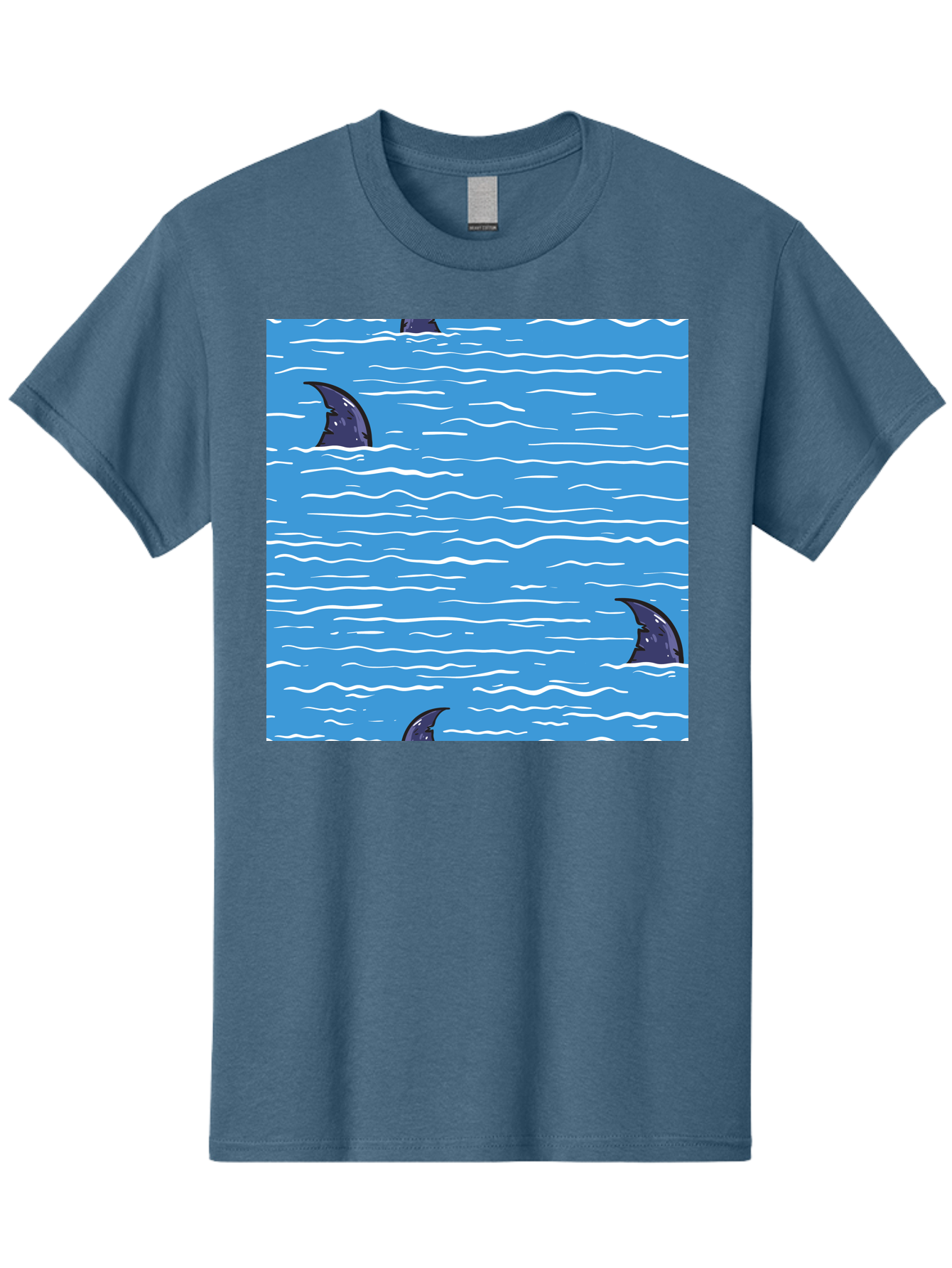 Shark-Fins Men'S Graphic Tee, 100% Cotton, Comfortable Casual Summer Wear, Machine Washable, Shark Fins In Water, Ocean Fins, Shark Attack, Marine Life, Blue Ocean, Wavy Sea, Shark Danger, Aquatic Scene Aac420