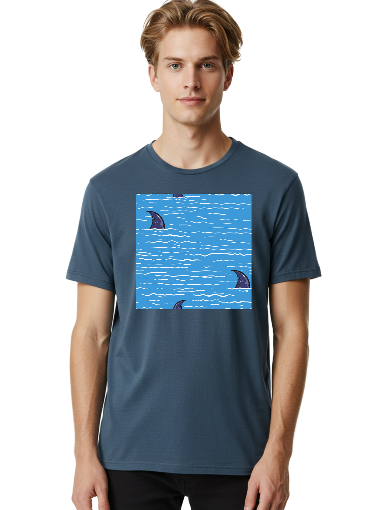 Shark-Fins Men'S Graphic Tee, 100% Cotton, Comfortable Casual Summer Wear, Machine Washable, Shark Fins In Water, Ocean Fins, Shark Attack, Marine Life, Blue Ocean, Wavy Sea, Shark Danger, Aquatic Scene Aac420