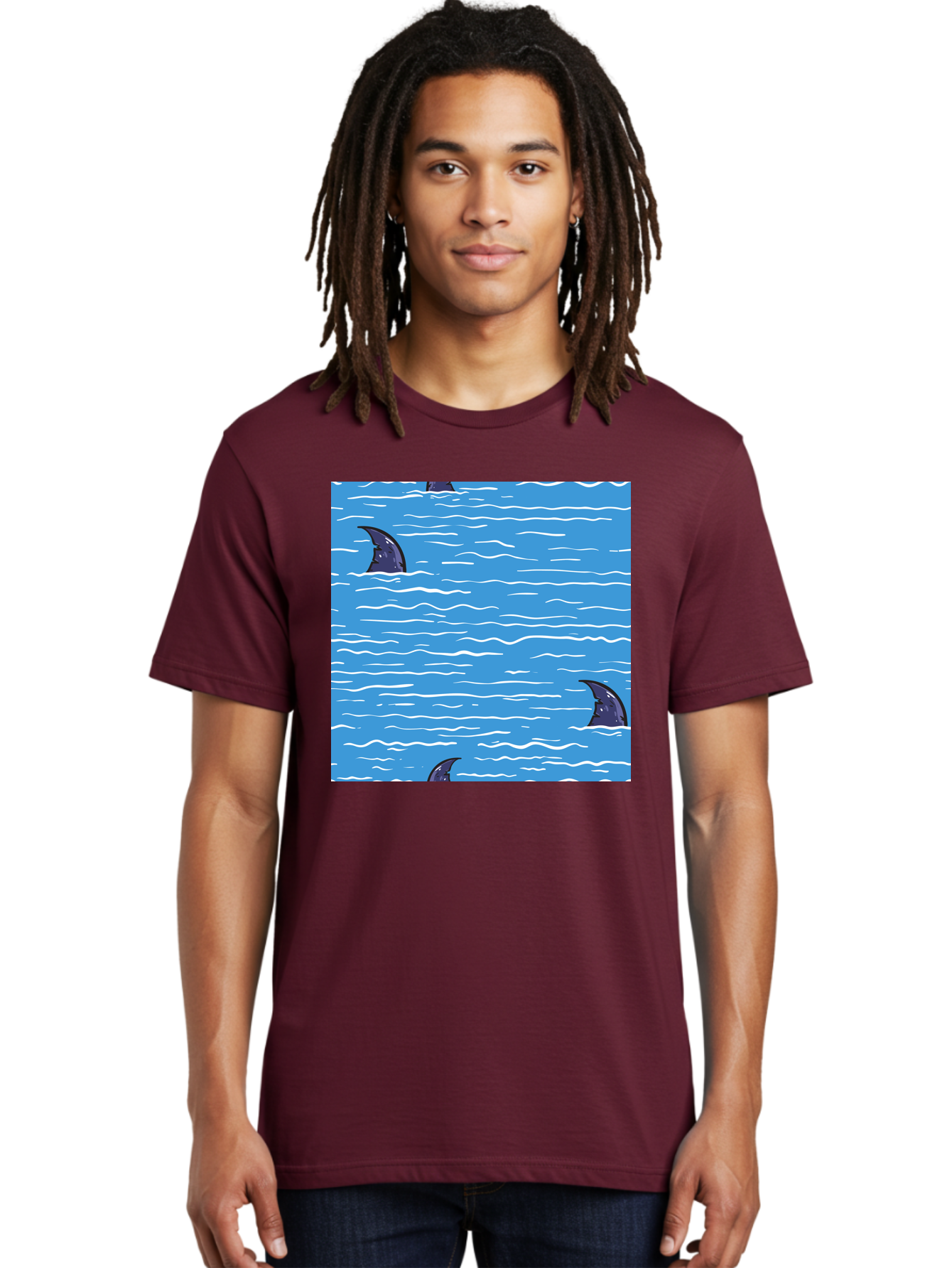Shark-Fins Men'S Graphic Tee, 100% Cotton, Comfortable Casual Summer Wear, Machine Washable, Shark Fins In Water, Ocean Fins, Shark Attack, Marine Life, Blue Ocean, Wavy Sea, Shark Danger, Aquatic Scene Aac420