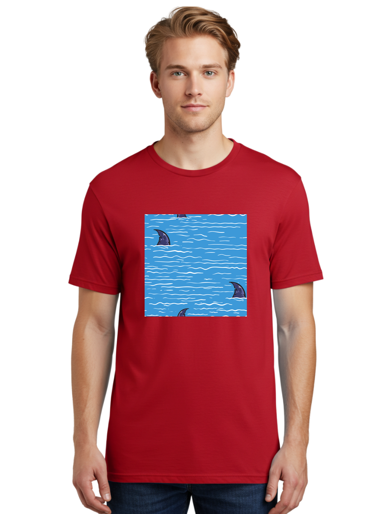 Shark-Fins Men'S Graphic Tee, 100% Cotton, Comfortable Casual Summer Wear, Machine Washable, Shark Fins In Water, Ocean Fins, Shark Attack, Marine Life, Blue Ocean, Wavy Sea, Shark Danger, Aquatic Scene Aac420