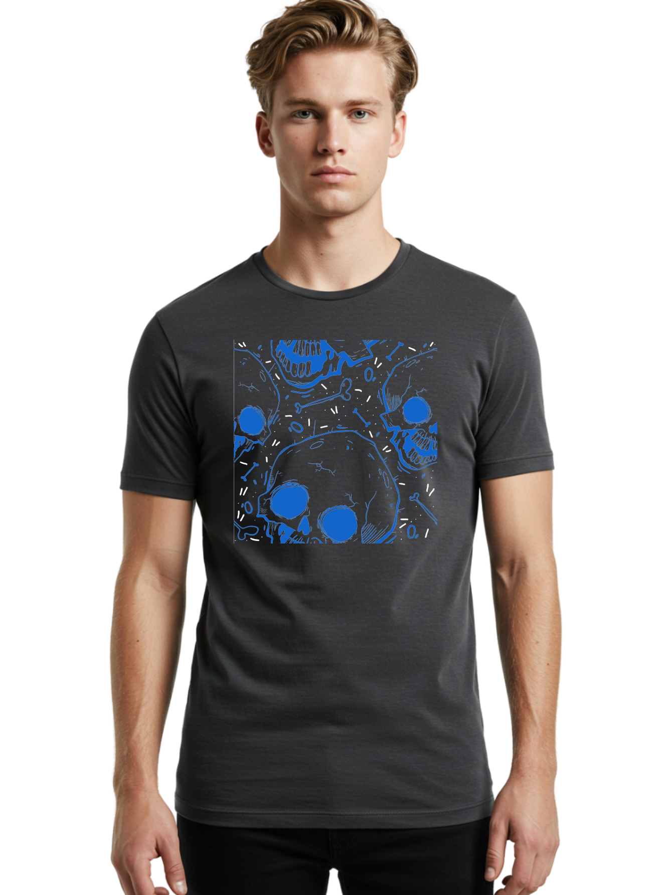 Skulls-And-Bones Men'S Graphic Tee, 100% Cotton, Comfortable Casual Summer Wear, Machine Washable, Skulls, Bones, Seamless Pattern, Gothic Design, Grunge Style, Tattoo Art, Yellow And Blue Hues, Graphic Print, Edgy Aesthetic, Skull Motif Aac421