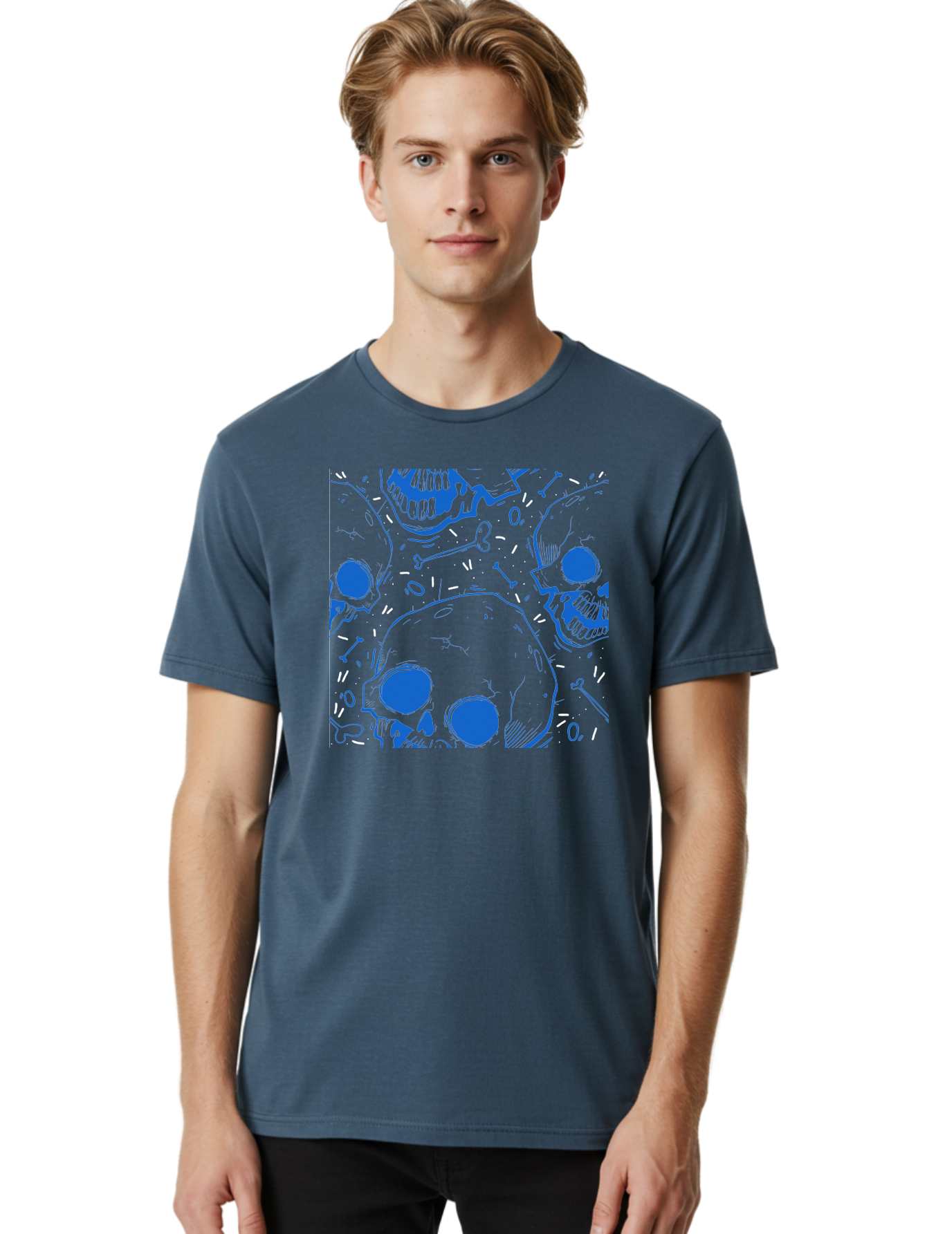 Skulls-And-Bones Men'S Graphic Tee, 100% Cotton, Comfortable Casual Summer Wear, Machine Washable, Skulls, Bones, Seamless Pattern, Gothic Design, Grunge Style, Tattoo Art, Yellow And Blue Hues, Graphic Print, Edgy Aesthetic, Skull Motif Aac421