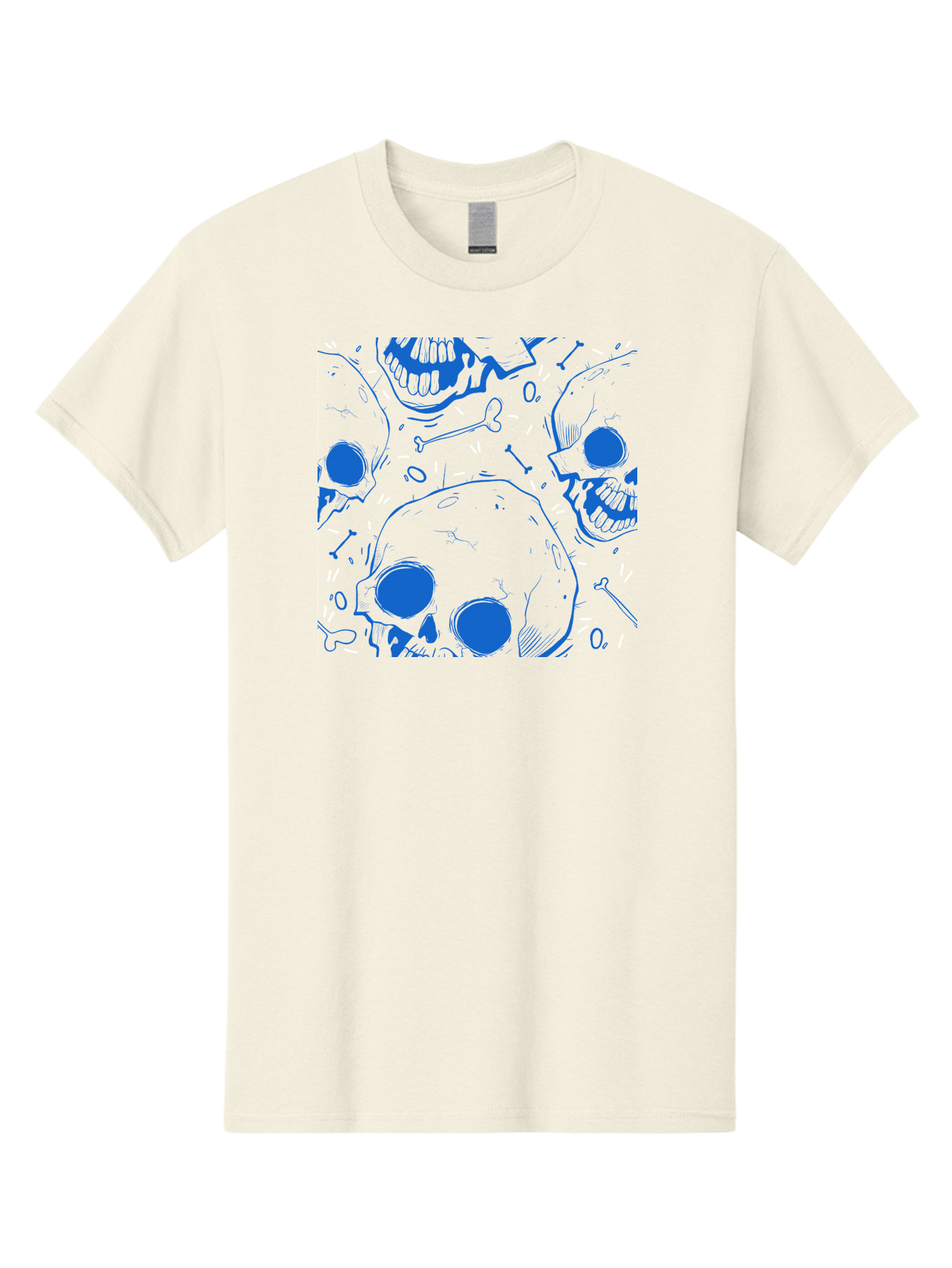 Skulls-And-Bones Men'S Graphic Tee, 100% Cotton, Comfortable Casual Summer Wear, Machine Washable, Skulls, Bones, Seamless Pattern, Gothic Design, Grunge Style, Tattoo Art, Yellow And Blue Hues, Graphic Print, Edgy Aesthetic, Skull Motif Aac421