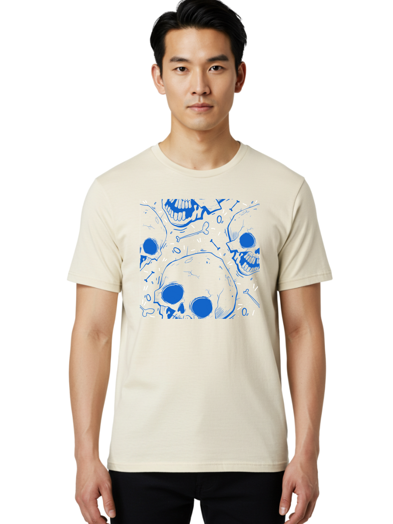 Skulls-And-Bones Men'S Graphic Tee, 100% Cotton, Comfortable Casual Summer Wear, Machine Washable, Skulls, Bones, Seamless Pattern, Gothic Design, Grunge Style, Tattoo Art, Yellow And Blue Hues, Graphic Print, Edgy Aesthetic, Skull Motif Aac421