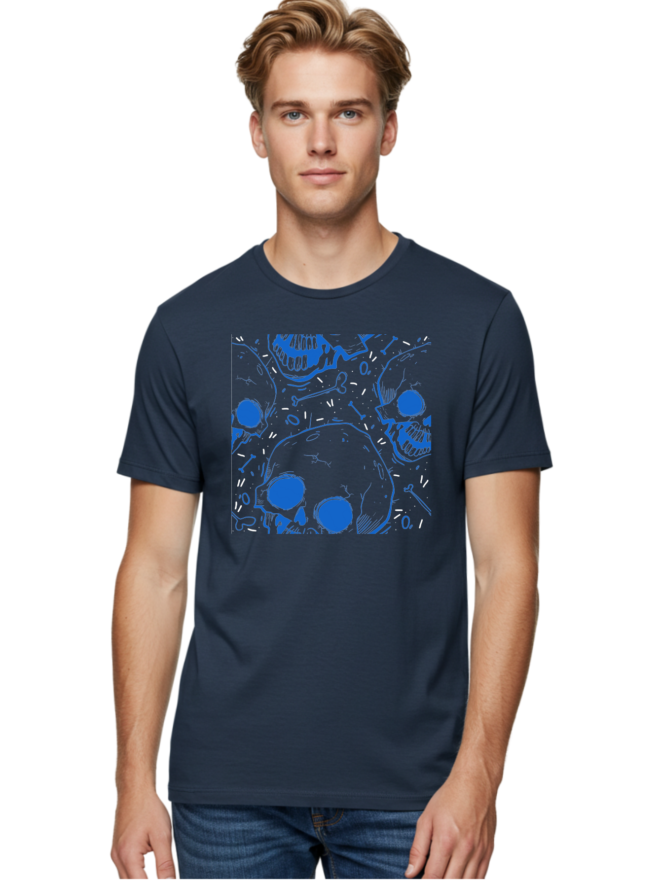 Skulls-And-Bones Men'S Graphic Tee, 100% Cotton, Comfortable Casual Summer Wear, Machine Washable, Skulls, Bones, Seamless Pattern, Gothic Design, Grunge Style, Tattoo Art, Yellow And Blue Hues, Graphic Print, Edgy Aesthetic, Skull Motif Aac421
