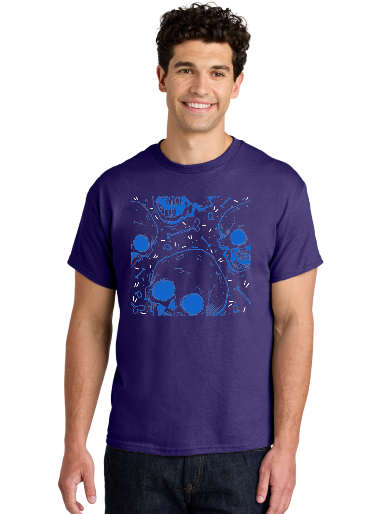 Skulls-And-Bones Men'S Graphic Tee, 100% Cotton, Comfortable Casual Summer Wear, Machine Washable, Skulls, Bones, Seamless Pattern, Gothic Design, Grunge Style, Tattoo Art, Yellow And Blue Hues, Graphic Print, Edgy Aesthetic, Skull Motif Aac421