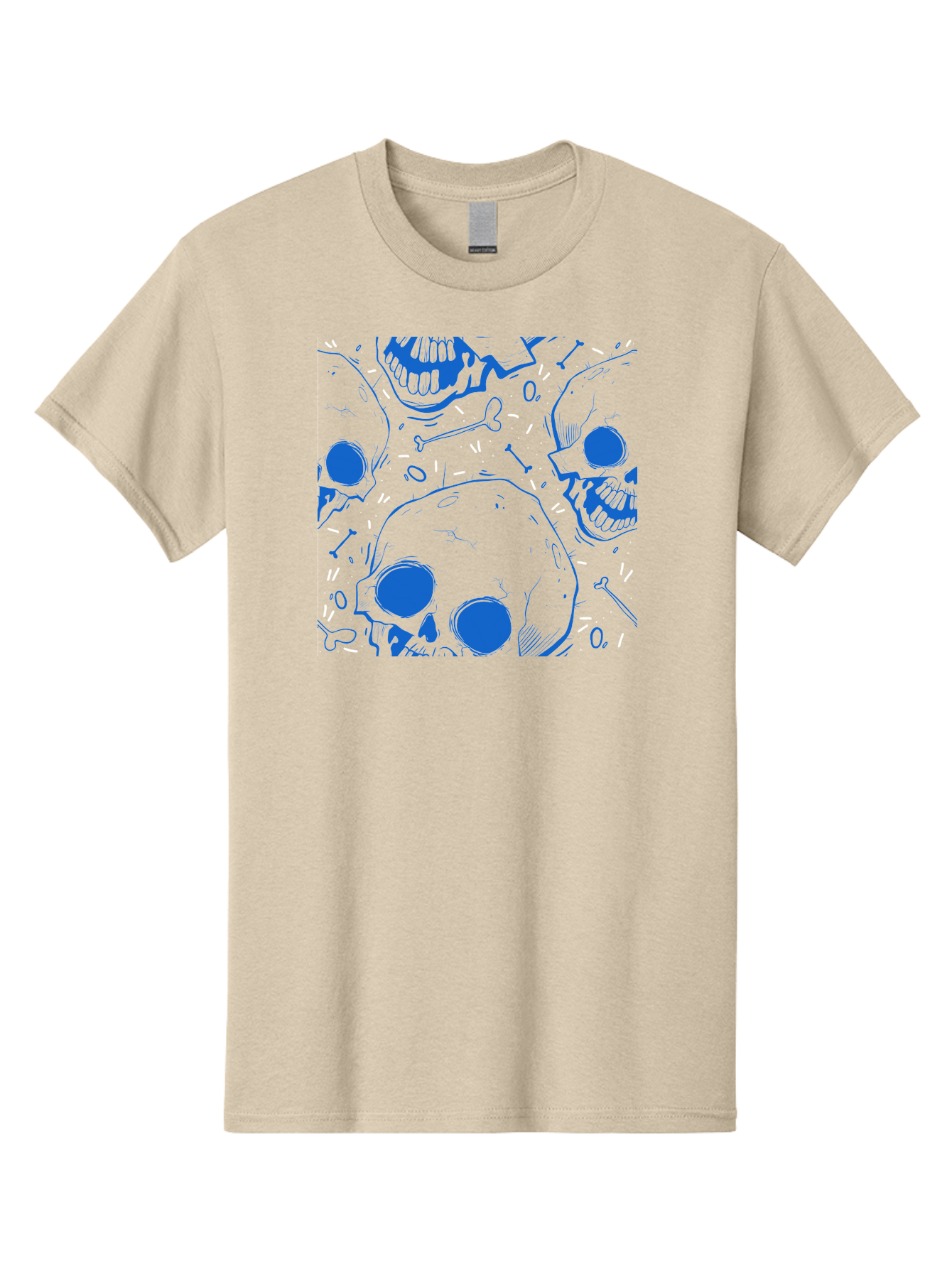 Skulls-And-Bones Men'S Graphic Tee, 100% Cotton, Comfortable Casual Summer Wear, Machine Washable, Skulls, Bones, Seamless Pattern, Gothic Design, Grunge Style, Tattoo Art, Yellow And Blue Hues, Graphic Print, Edgy Aesthetic, Skull Motif Aac421