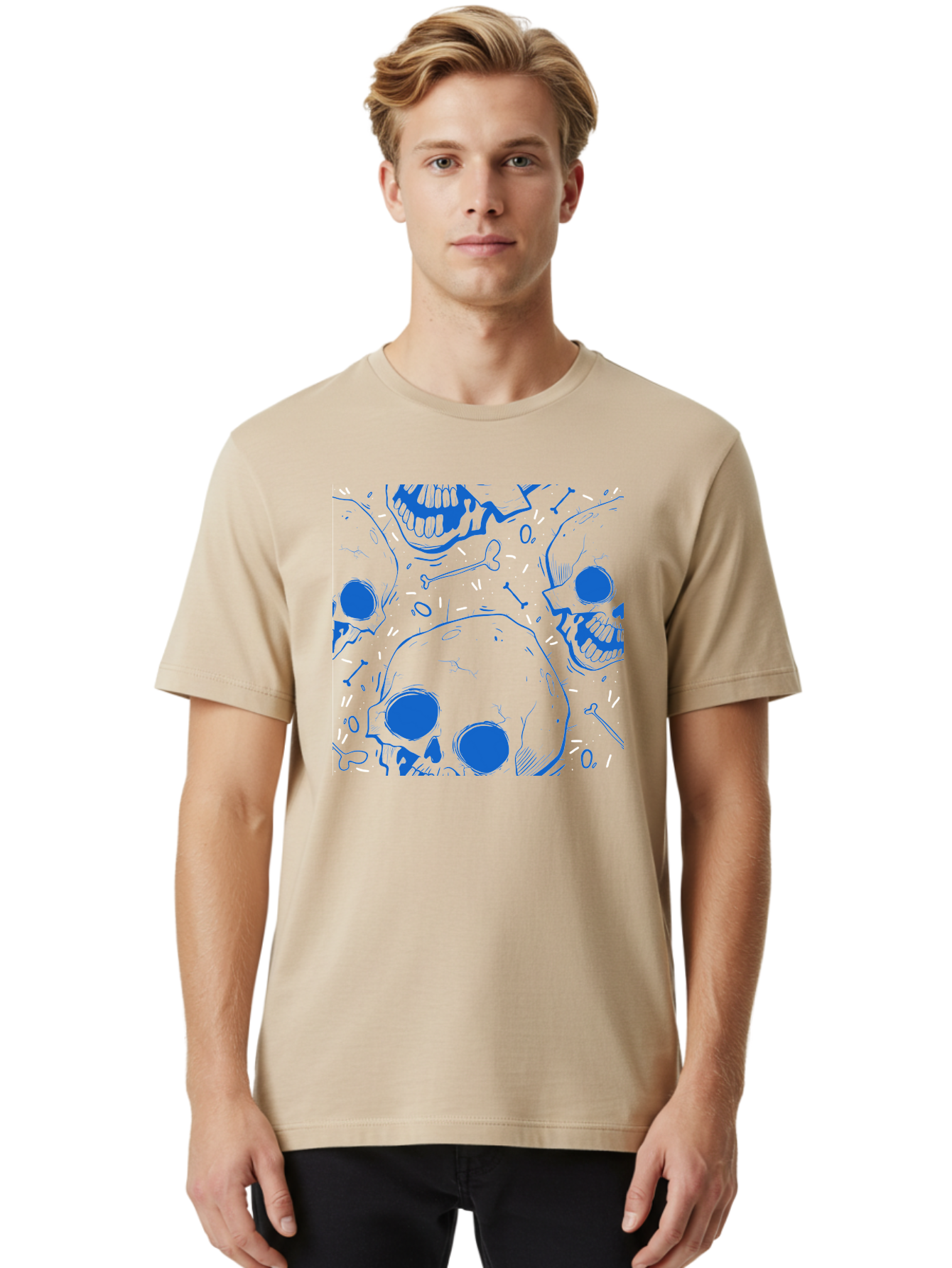 Skulls-And-Bones Men'S Graphic Tee, 100% Cotton, Comfortable Casual Summer Wear, Machine Washable, Skulls, Bones, Seamless Pattern, Gothic Design, Grunge Style, Tattoo Art, Yellow And Blue Hues, Graphic Print, Edgy Aesthetic, Skull Motif Aac421