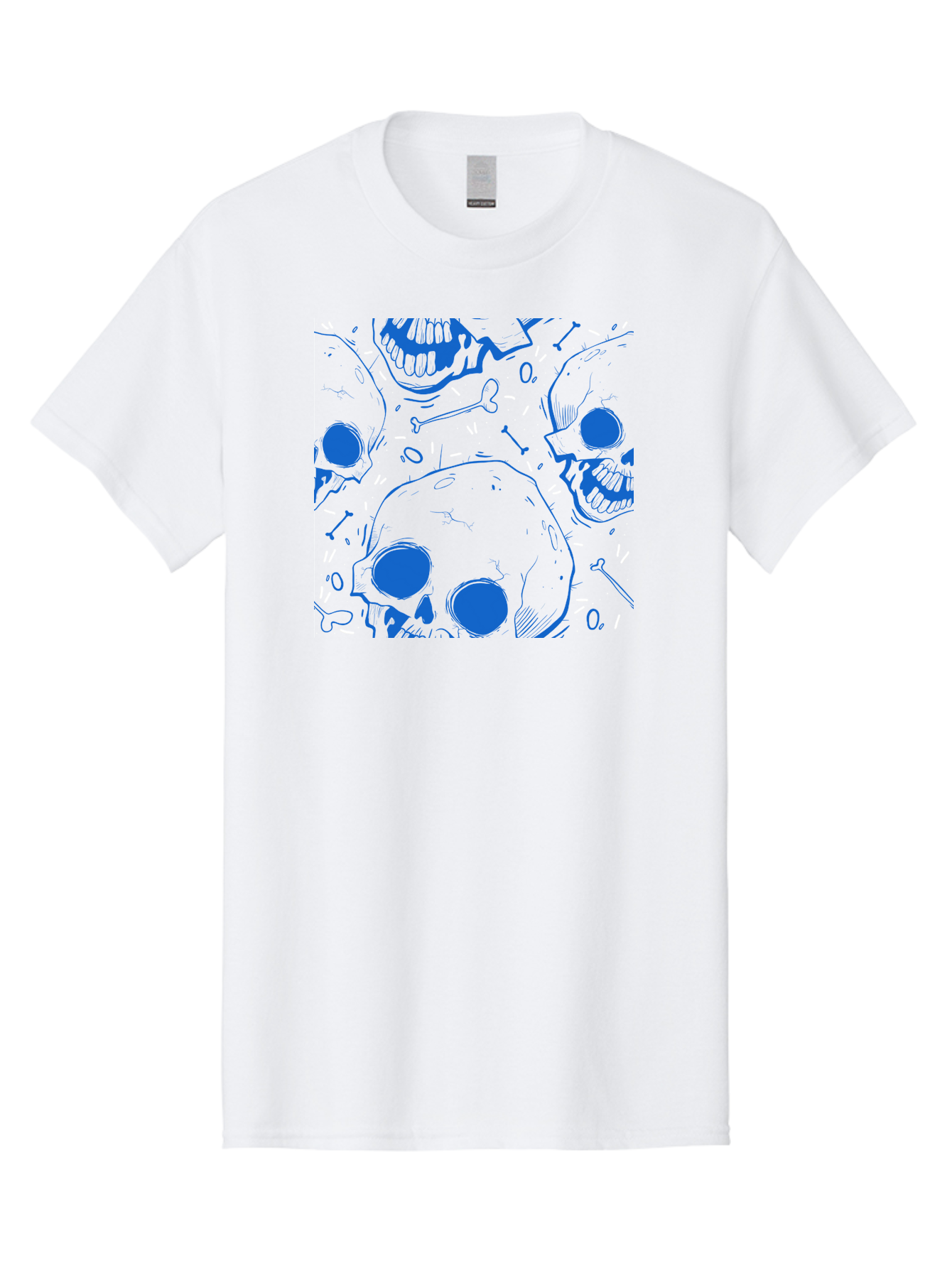 Skulls-And-Bones Men'S Graphic Tee, 100% Cotton, Comfortable Casual Summer Wear, Machine Washable, Skulls, Bones, Seamless Pattern, Gothic Design, Grunge Style, Tattoo Art, Yellow And Blue Hues, Graphic Print, Edgy Aesthetic, Skull Motif Aac421