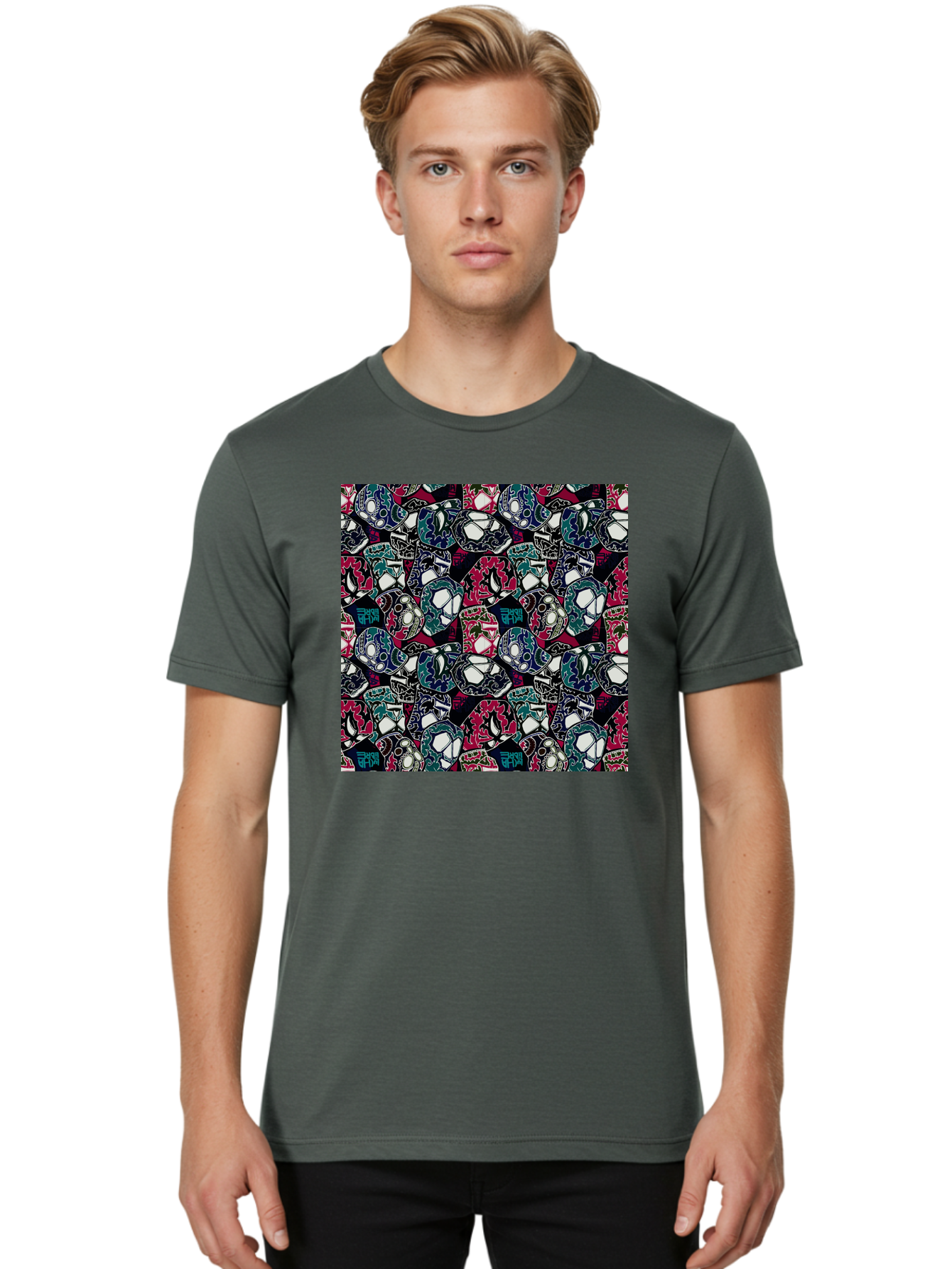Sugar-Skull-Pattern Men'S Graphic Tee, 100% Cotton, Comfortable Casual Summer Wear, Machine Washable, Sugar Skulls, Colorful Skulls, Day Of The Dead, Mexican Culture, Ornate Designs, Floral Patterns, Vibrant Colors, Festive Atmosphere, Aac422