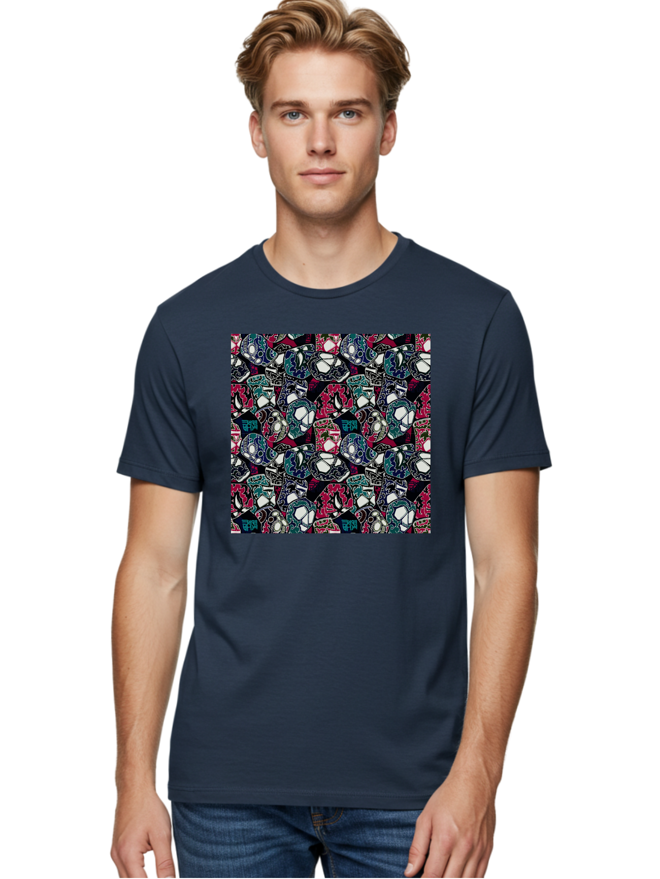 Sugar-Skull-Pattern Men'S Graphic Tee, 100% Cotton, Comfortable Casual Summer Wear, Machine Washable, Sugar Skulls, Colorful Skulls, Day Of The Dead, Mexican Culture, Ornate Designs, Floral Patterns, Vibrant Colors, Festive Atmosphere, Aac422