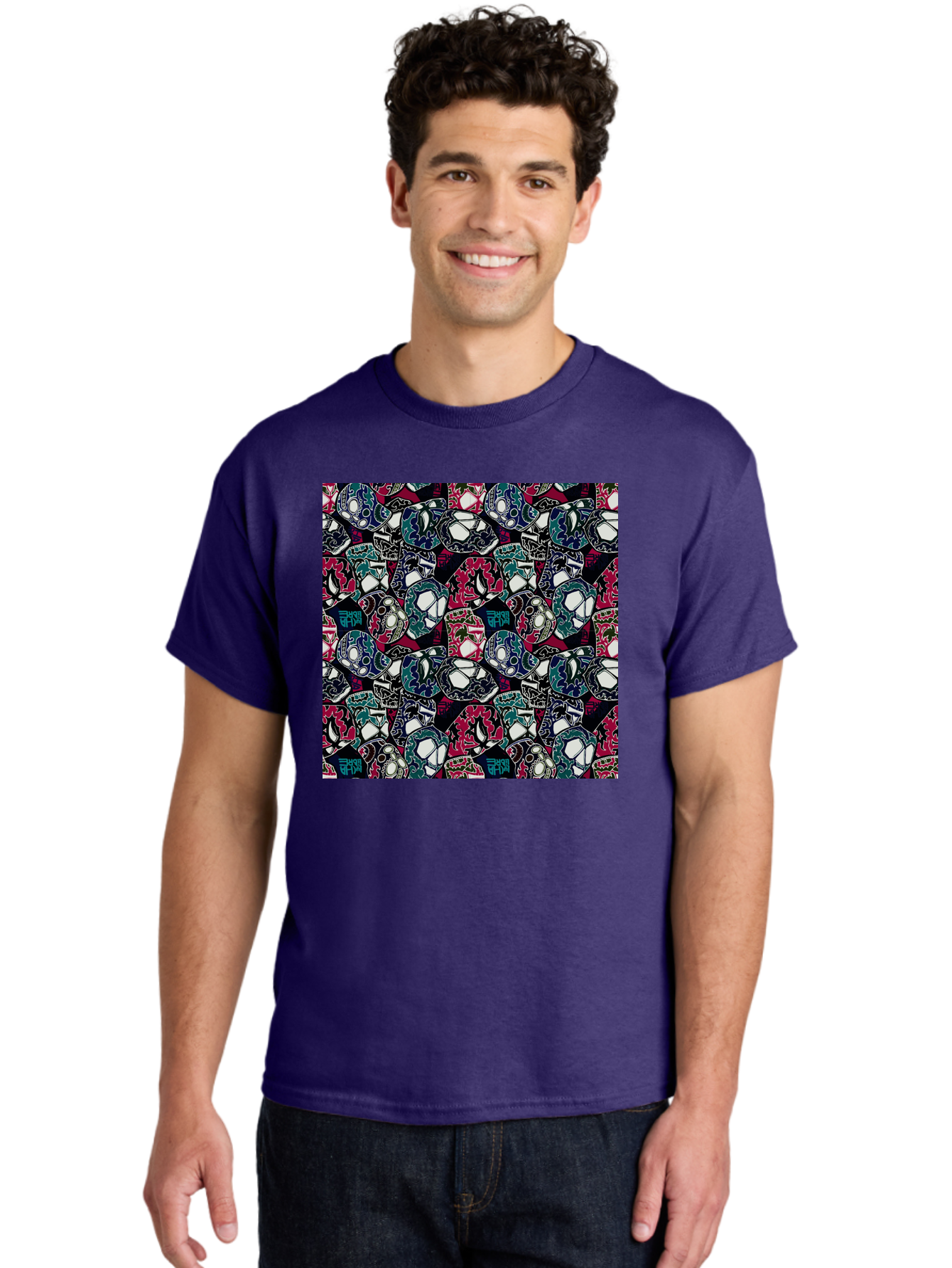 Sugar-Skull-Pattern Men'S Graphic Tee, 100% Cotton, Comfortable Casual Summer Wear, Machine Washable, Sugar Skulls, Colorful Skulls, Day Of The Dead, Mexican Culture, Ornate Designs, Floral Patterns, Vibrant Colors, Festive Atmosphere, Aac422