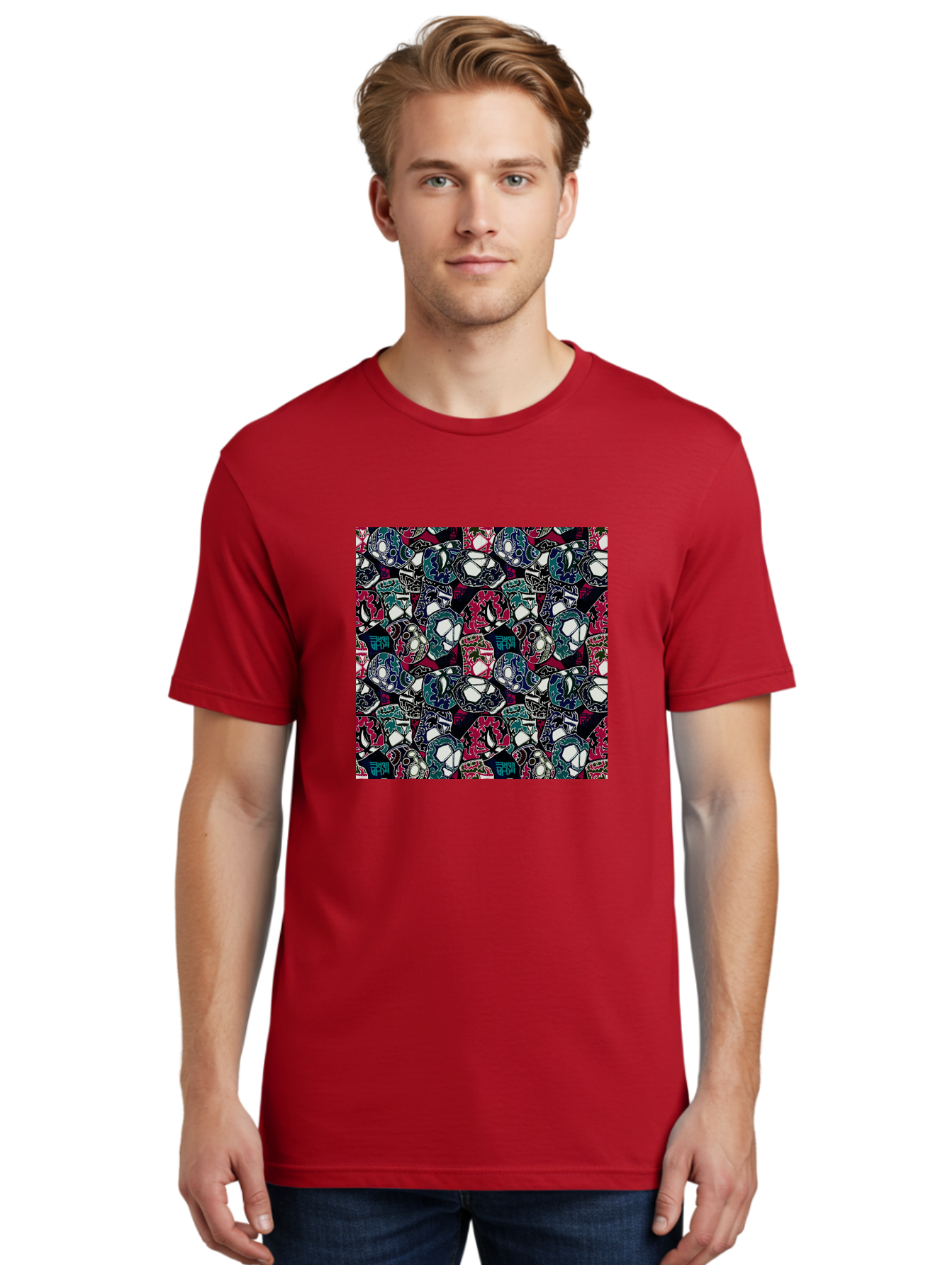Sugar-Skull-Pattern Men'S Graphic Tee, 100% Cotton, Comfortable Casual Summer Wear, Machine Washable, Sugar Skulls, Colorful Skulls, Day Of The Dead, Mexican Culture, Ornate Designs, Floral Patterns, Vibrant Colors, Festive Atmosphere, Aac422
