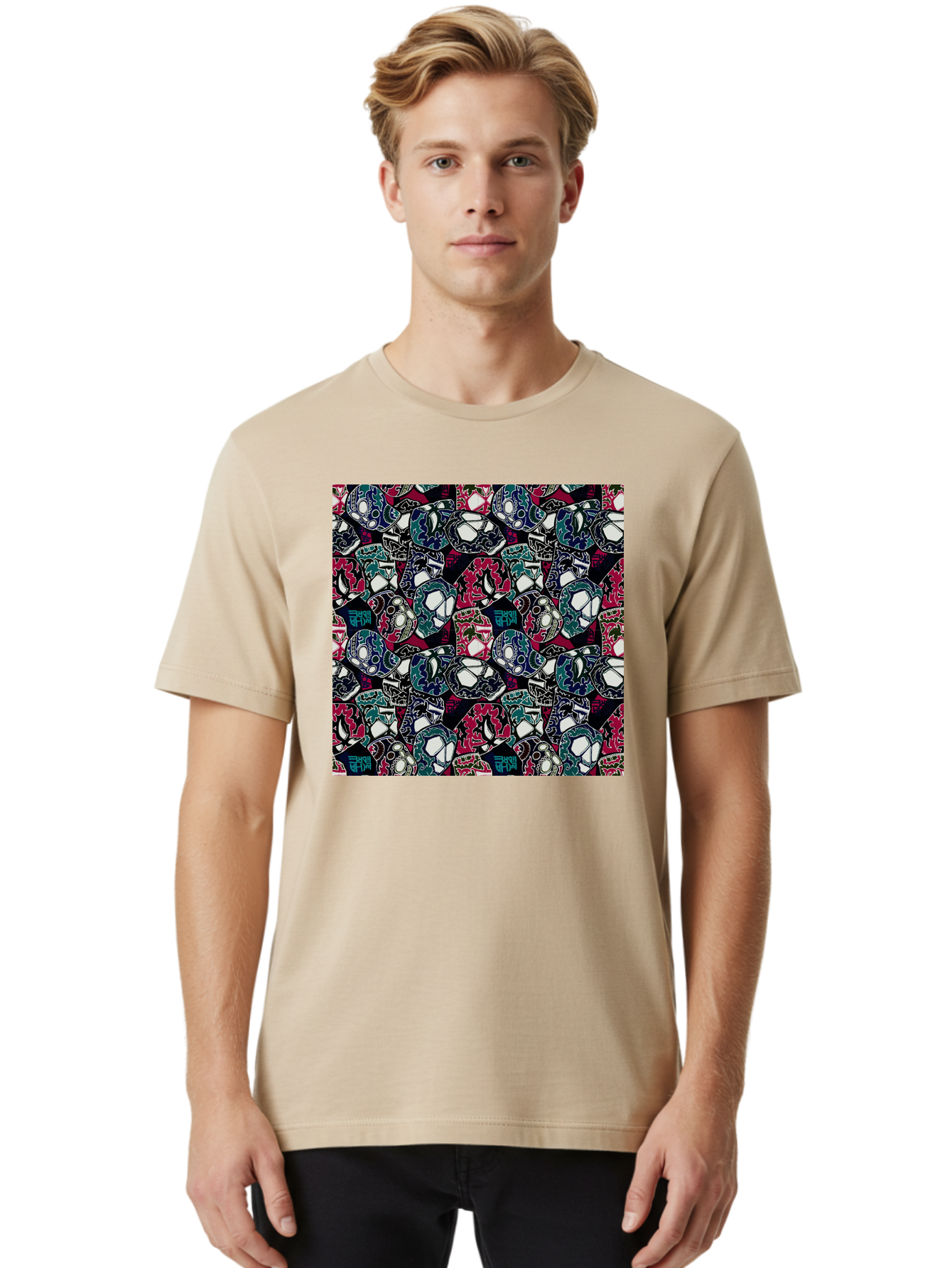 Sugar-Skull-Pattern Men'S Graphic Tee, 100% Cotton, Comfortable Casual Summer Wear, Machine Washable, Sugar Skulls, Colorful Skulls, Day Of The Dead, Mexican Culture, Ornate Designs, Floral Patterns, Vibrant Colors, Festive Atmosphere, Aac422