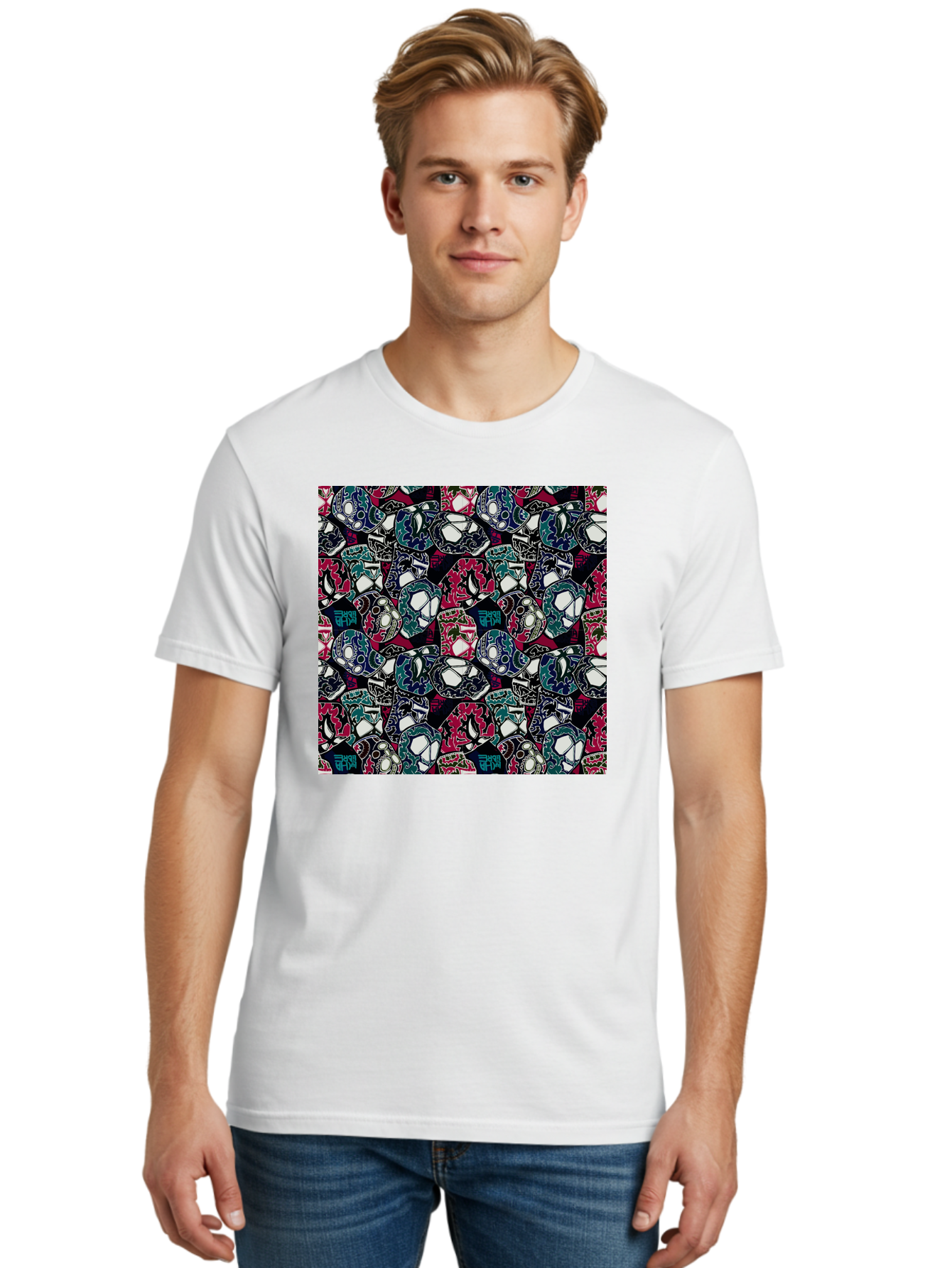 Sugar-Skull-Pattern Men'S Graphic Tee, 100% Cotton, Comfortable Casual Summer Wear, Machine Washable, Sugar Skulls, Colorful Skulls, Day Of The Dead, Mexican Culture, Ornate Designs, Floral Patterns, Vibrant Colors, Festive Atmosphere, Aac422