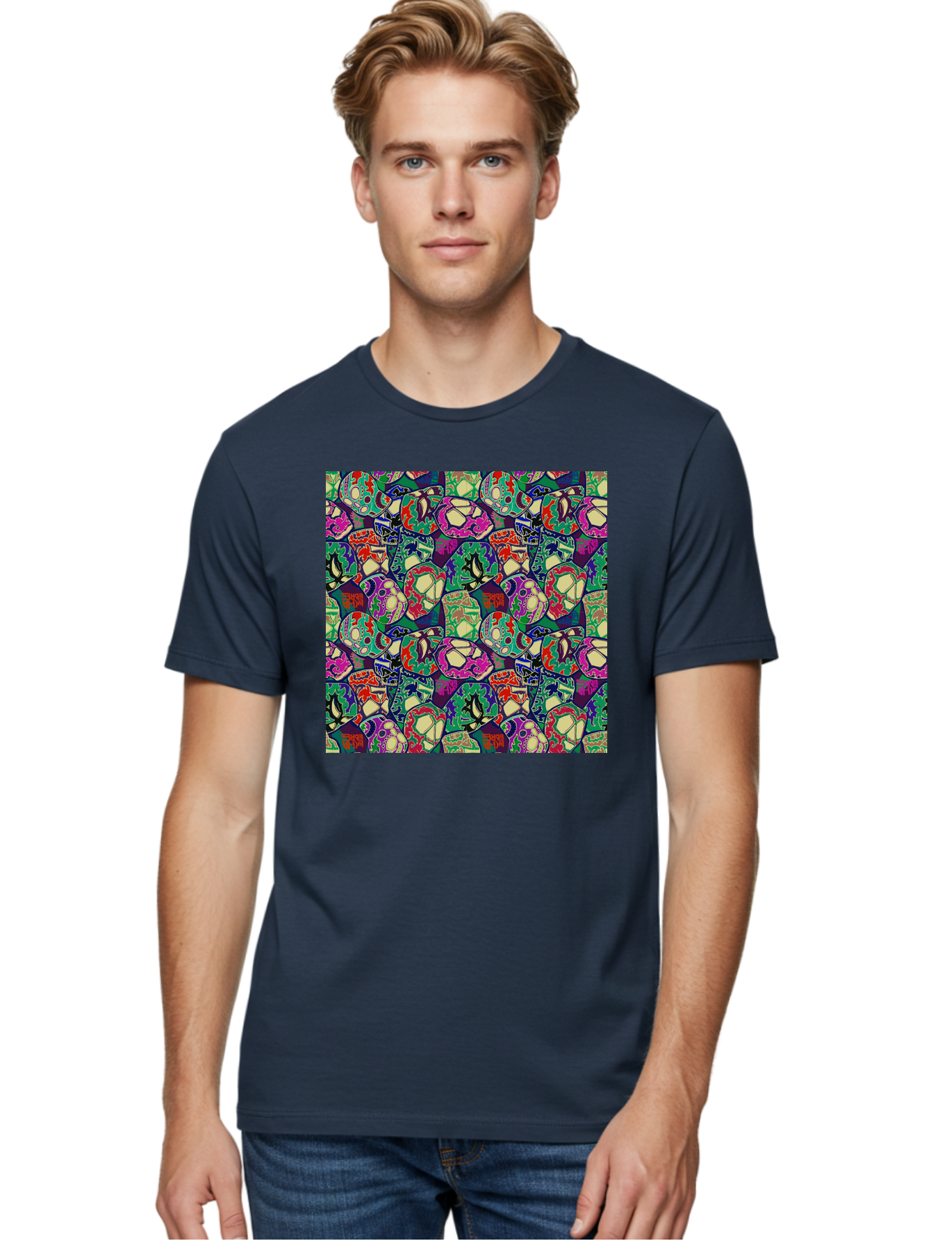 Sugar-Skulls Men'S Graphic Tee, 100% Cotton, Comfortable Casual Summer Wear, Machine Washable, Sugar Skulls, Colorful Designs, Vibrant Patterns, Dia De Los Muertos, Festive Atmosphere, Artistic Expression, Cultural Heritage, Intricate Details, Aac423