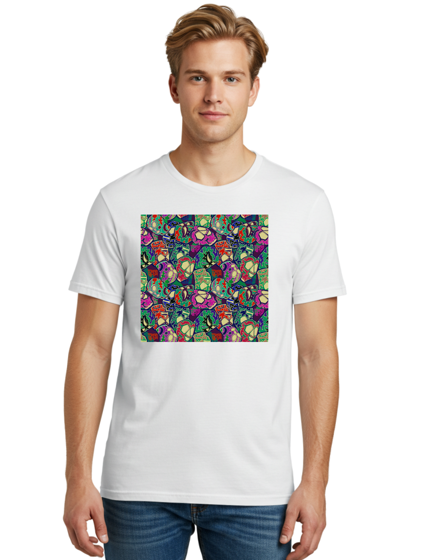Sugar-Skulls Men'S Graphic Tee, 100% Cotton, Comfortable Casual Summer Wear, Machine Washable, Sugar Skulls, Colorful Designs, Vibrant Patterns, Dia De Los Muertos, Festive Atmosphere, Artistic Expression, Cultural Heritage, Intricate Details, Aac423
