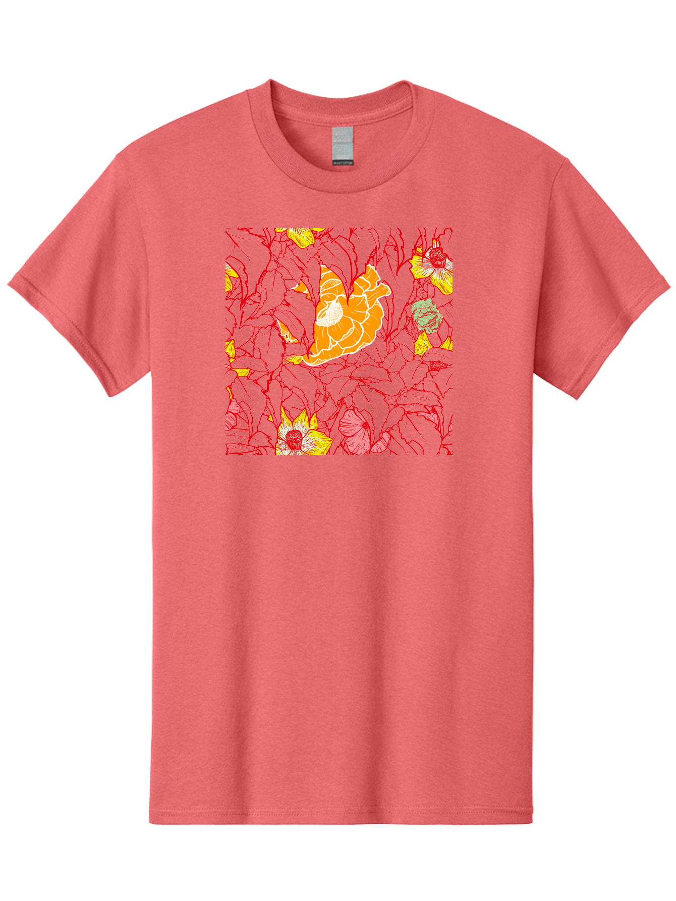 Tangerine-Floral-Pattern Men'S Graphic Tee, 100% Cotton, Comfortable Casual Summer Wear, Machine Washable, Tropical Flowers, Floral Pattern, Vibrant Colors, Orange Flowers, Yellow Flowers, Red Stems, Blue Leaves, Exotic Blooms, Aac424
