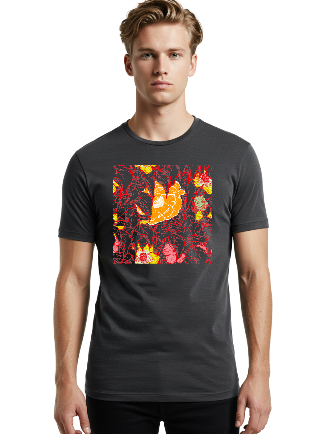 Tangerine-Floral-Pattern Men'S Graphic Tee, 100% Cotton, Comfortable Casual Summer Wear, Machine Washable, Tropical Flowers, Floral Pattern, Vibrant Colors, Orange Flowers, Yellow Flowers, Red Stems, Blue Leaves, Exotic Blooms, Aac424