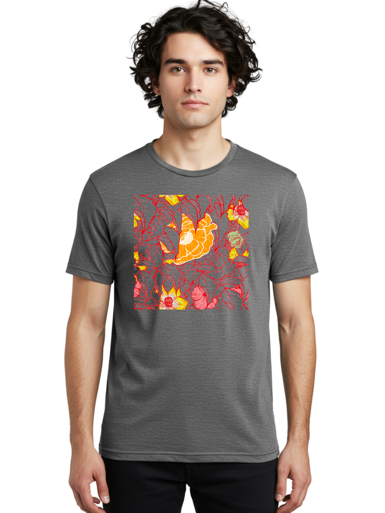 Tangerine-Floral-Pattern Men'S Graphic Tee, 100% Cotton, Comfortable Casual Summer Wear, Machine Washable, Tropical Flowers, Floral Pattern, Vibrant Colors, Orange Flowers, Yellow Flowers, Red Stems, Blue Leaves, Exotic Blooms, Aac424