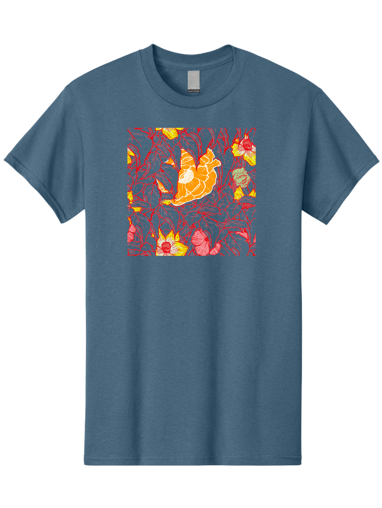 Tangerine-Floral-Pattern Men'S Graphic Tee, 100% Cotton, Comfortable Casual Summer Wear, Machine Washable, Tropical Flowers, Floral Pattern, Vibrant Colors, Orange Flowers, Yellow Flowers, Red Stems, Blue Leaves, Exotic Blooms, Aac424