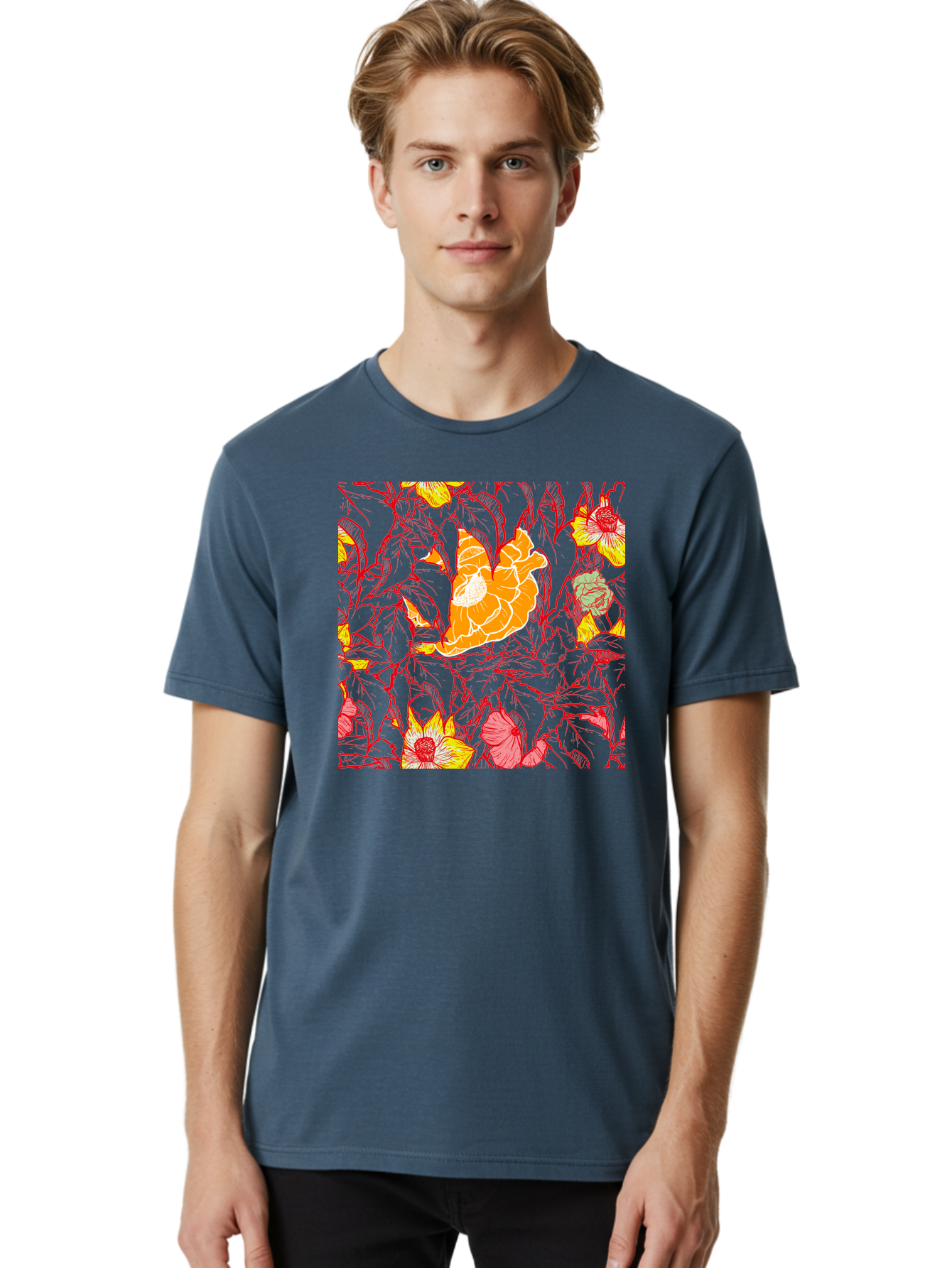 Tangerine-Floral-Pattern Men'S Graphic Tee, 100% Cotton, Comfortable Casual Summer Wear, Machine Washable, Tropical Flowers, Floral Pattern, Vibrant Colors, Orange Flowers, Yellow Flowers, Red Stems, Blue Leaves, Exotic Blooms, Aac424