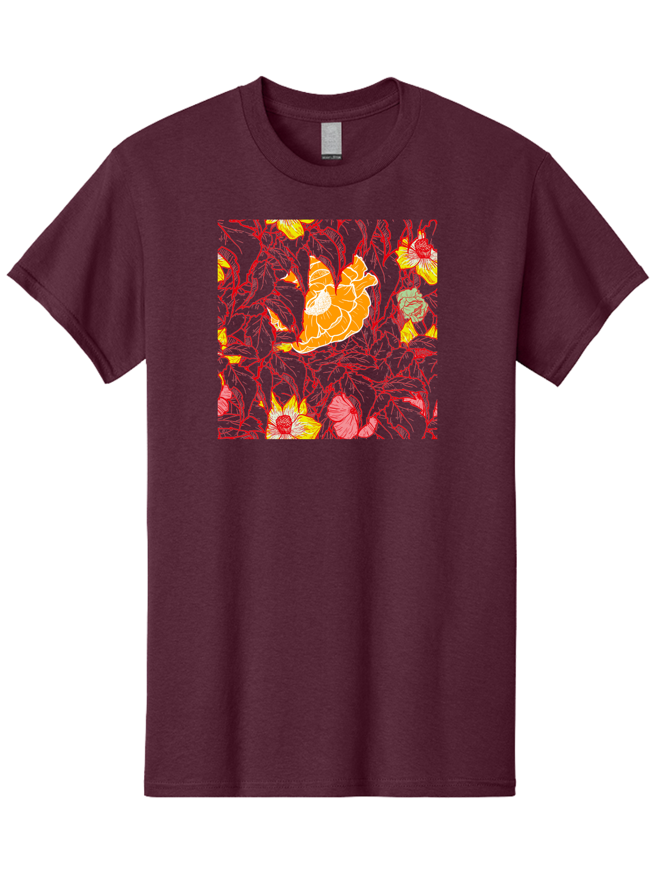 Tangerine-Floral-Pattern Men'S Graphic Tee, 100% Cotton, Comfortable Casual Summer Wear, Machine Washable, Tropical Flowers, Floral Pattern, Vibrant Colors, Orange Flowers, Yellow Flowers, Red Stems, Blue Leaves, Exotic Blooms, Aac424