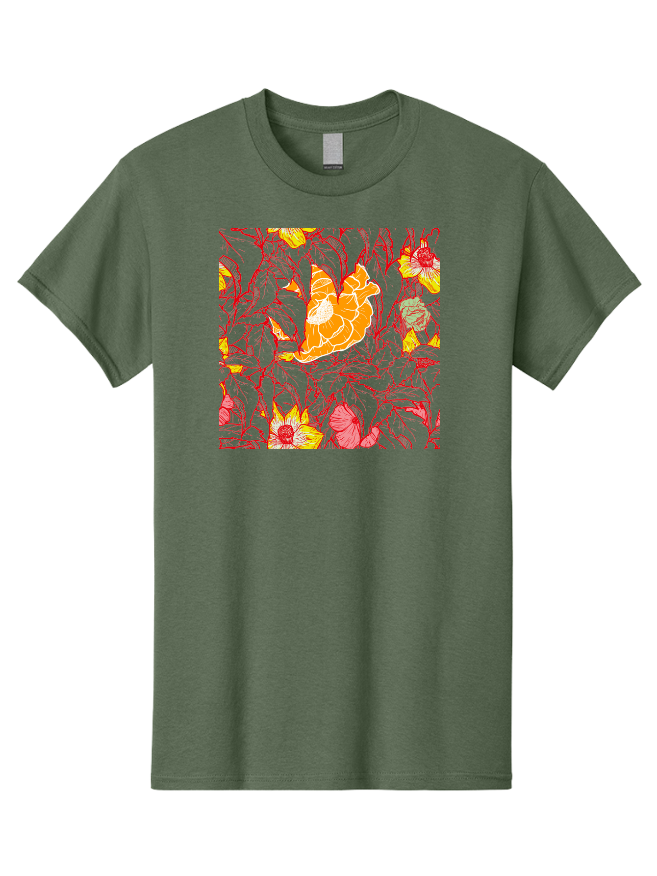 Tangerine-Floral-Pattern Men'S Graphic Tee, 100% Cotton, Comfortable Casual Summer Wear, Machine Washable, Tropical Flowers, Floral Pattern, Vibrant Colors, Orange Flowers, Yellow Flowers, Red Stems, Blue Leaves, Exotic Blooms, Aac424