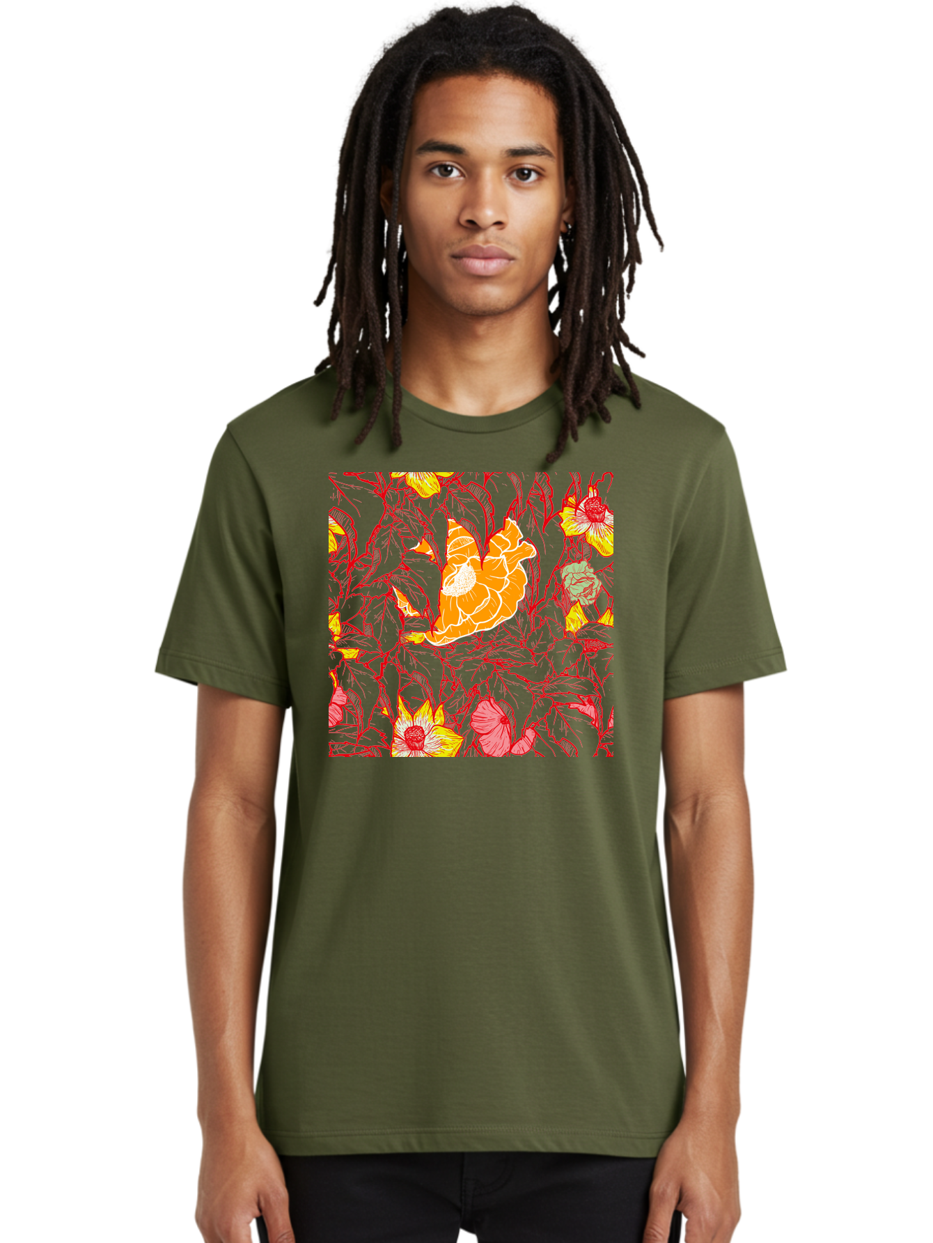 Tangerine-Floral-Pattern Men'S Graphic Tee, 100% Cotton, Comfortable Casual Summer Wear, Machine Washable, Tropical Flowers, Floral Pattern, Vibrant Colors, Orange Flowers, Yellow Flowers, Red Stems, Blue Leaves, Exotic Blooms, Aac424