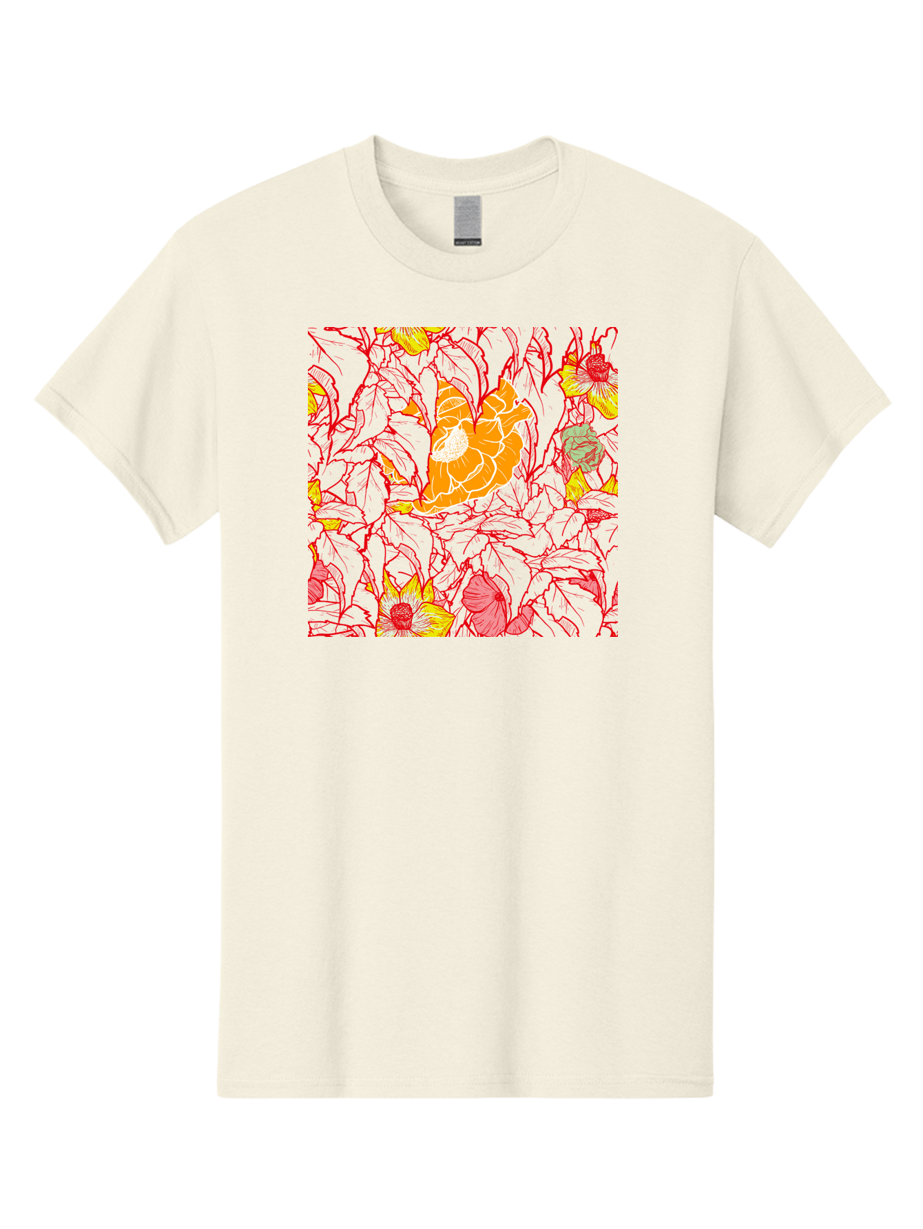 Tangerine-Floral-Pattern Men'S Graphic Tee, 100% Cotton, Comfortable Casual Summer Wear, Machine Washable, Tropical Flowers, Floral Pattern, Vibrant Colors, Orange Flowers, Yellow Flowers, Red Stems, Blue Leaves, Exotic Blooms, Aac424