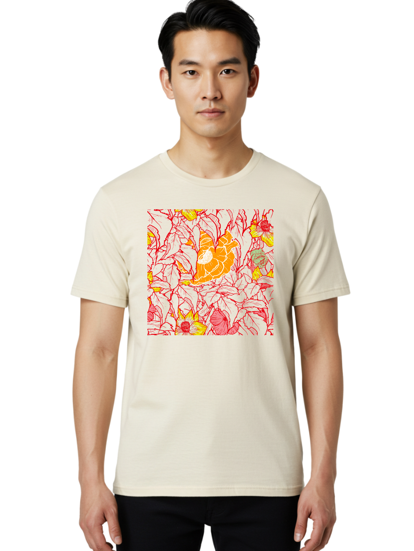 Tangerine-Floral-Pattern Men'S Graphic Tee, 100% Cotton, Comfortable Casual Summer Wear, Machine Washable, Tropical Flowers, Floral Pattern, Vibrant Colors, Orange Flowers, Yellow Flowers, Red Stems, Blue Leaves, Exotic Blooms, Aac424
