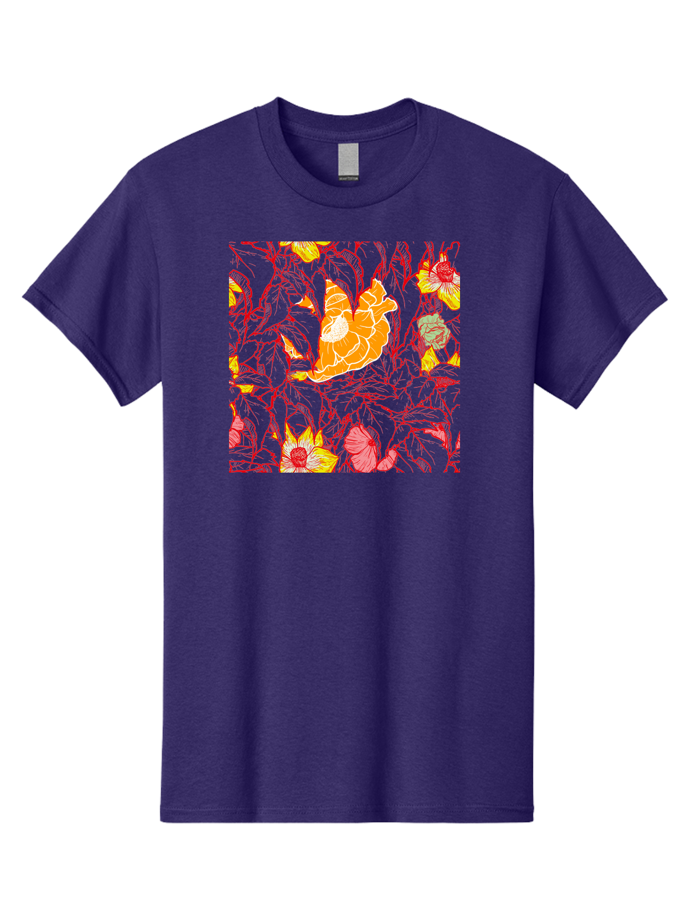 Tangerine-Floral-Pattern Men'S Graphic Tee, 100% Cotton, Comfortable Casual Summer Wear, Machine Washable, Tropical Flowers, Floral Pattern, Vibrant Colors, Orange Flowers, Yellow Flowers, Red Stems, Blue Leaves, Exotic Blooms, Aac424