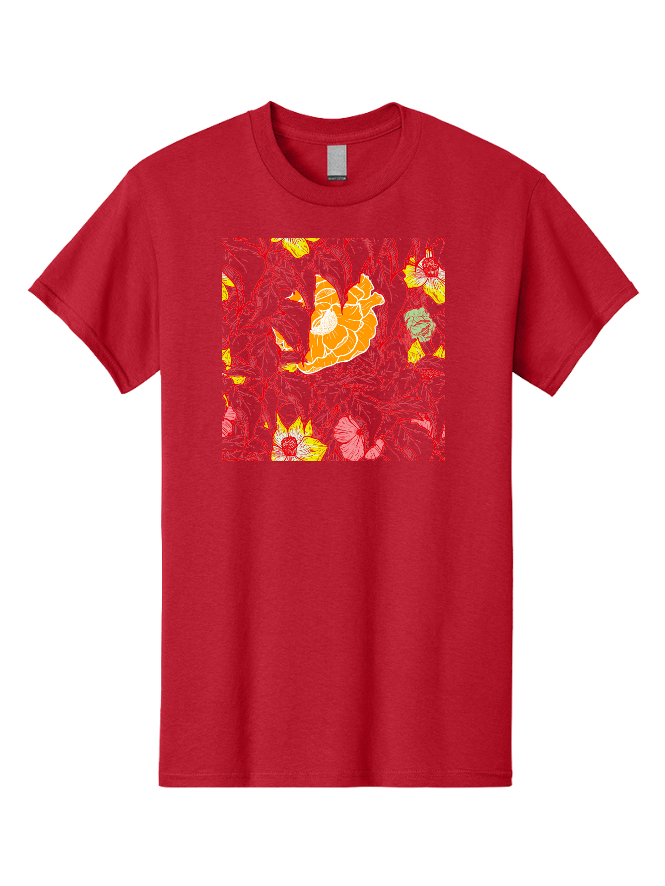 Tangerine-Floral-Pattern Men'S Graphic Tee, 100% Cotton, Comfortable Casual Summer Wear, Machine Washable, Tropical Flowers, Floral Pattern, Vibrant Colors, Orange Flowers, Yellow Flowers, Red Stems, Blue Leaves, Exotic Blooms, Aac424