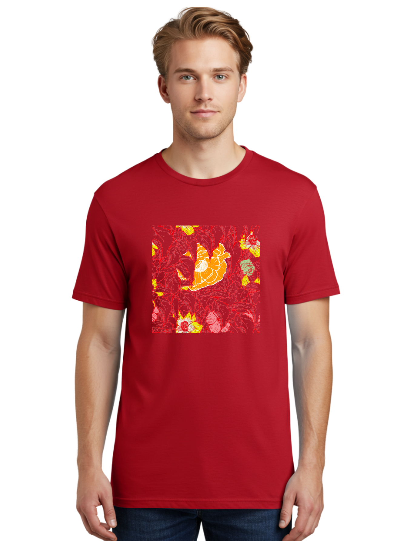 Tangerine-Floral-Pattern Men'S Graphic Tee, 100% Cotton, Comfortable Casual Summer Wear, Machine Washable, Tropical Flowers, Floral Pattern, Vibrant Colors, Orange Flowers, Yellow Flowers, Red Stems, Blue Leaves, Exotic Blooms, Aac424