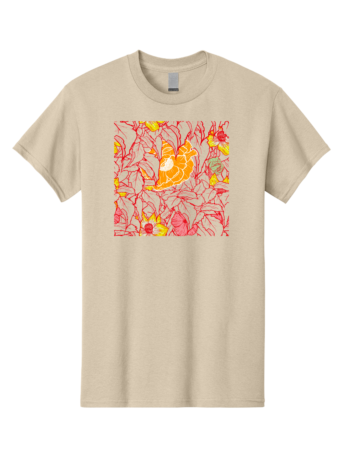 Tangerine-Floral-Pattern Men'S Graphic Tee, 100% Cotton, Comfortable Casual Summer Wear, Machine Washable, Tropical Flowers, Floral Pattern, Vibrant Colors, Orange Flowers, Yellow Flowers, Red Stems, Blue Leaves, Exotic Blooms, Aac424