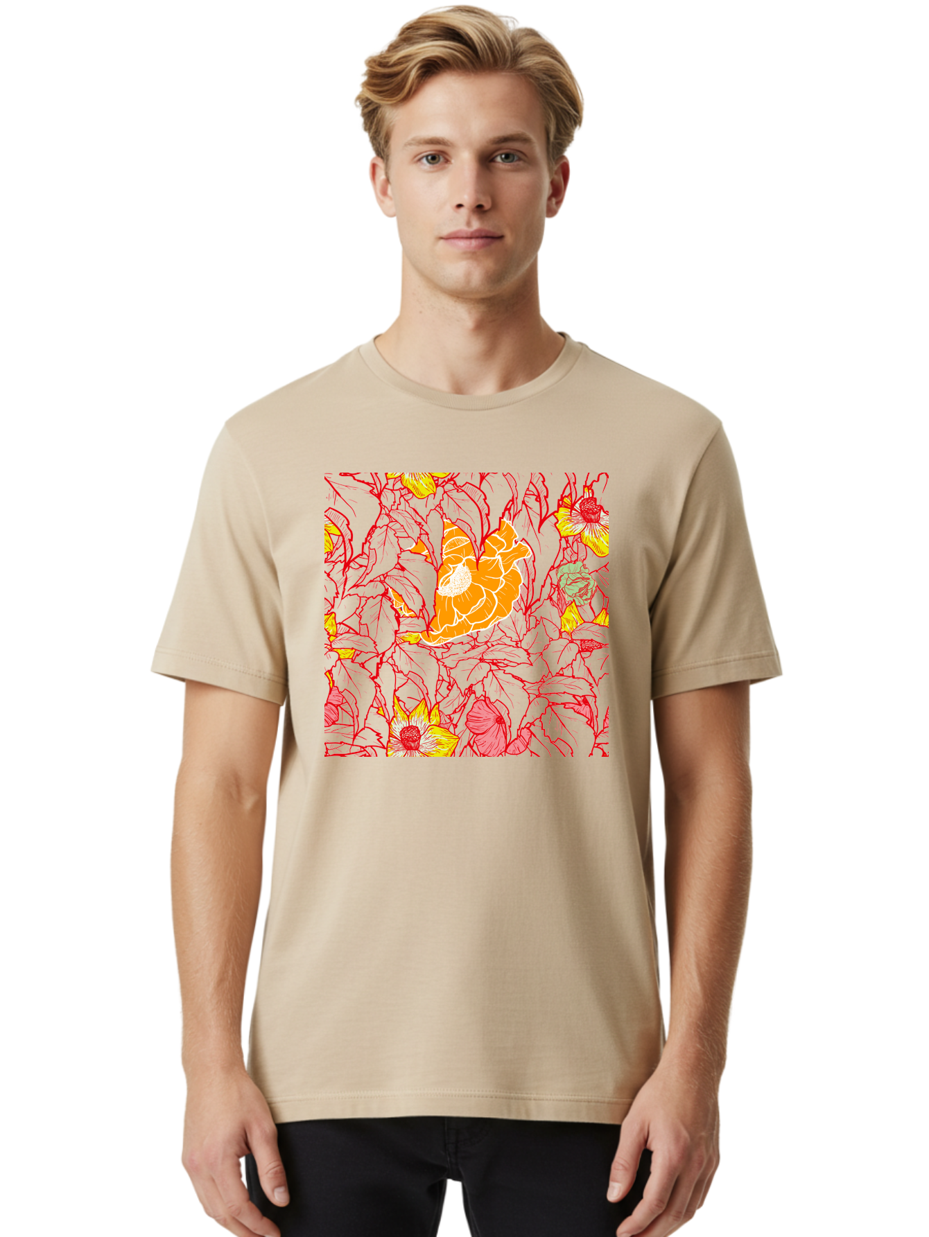 Tangerine-Floral-Pattern Men'S Graphic Tee, 100% Cotton, Comfortable Casual Summer Wear, Machine Washable, Tropical Flowers, Floral Pattern, Vibrant Colors, Orange Flowers, Yellow Flowers, Red Stems, Blue Leaves, Exotic Blooms, Aac424