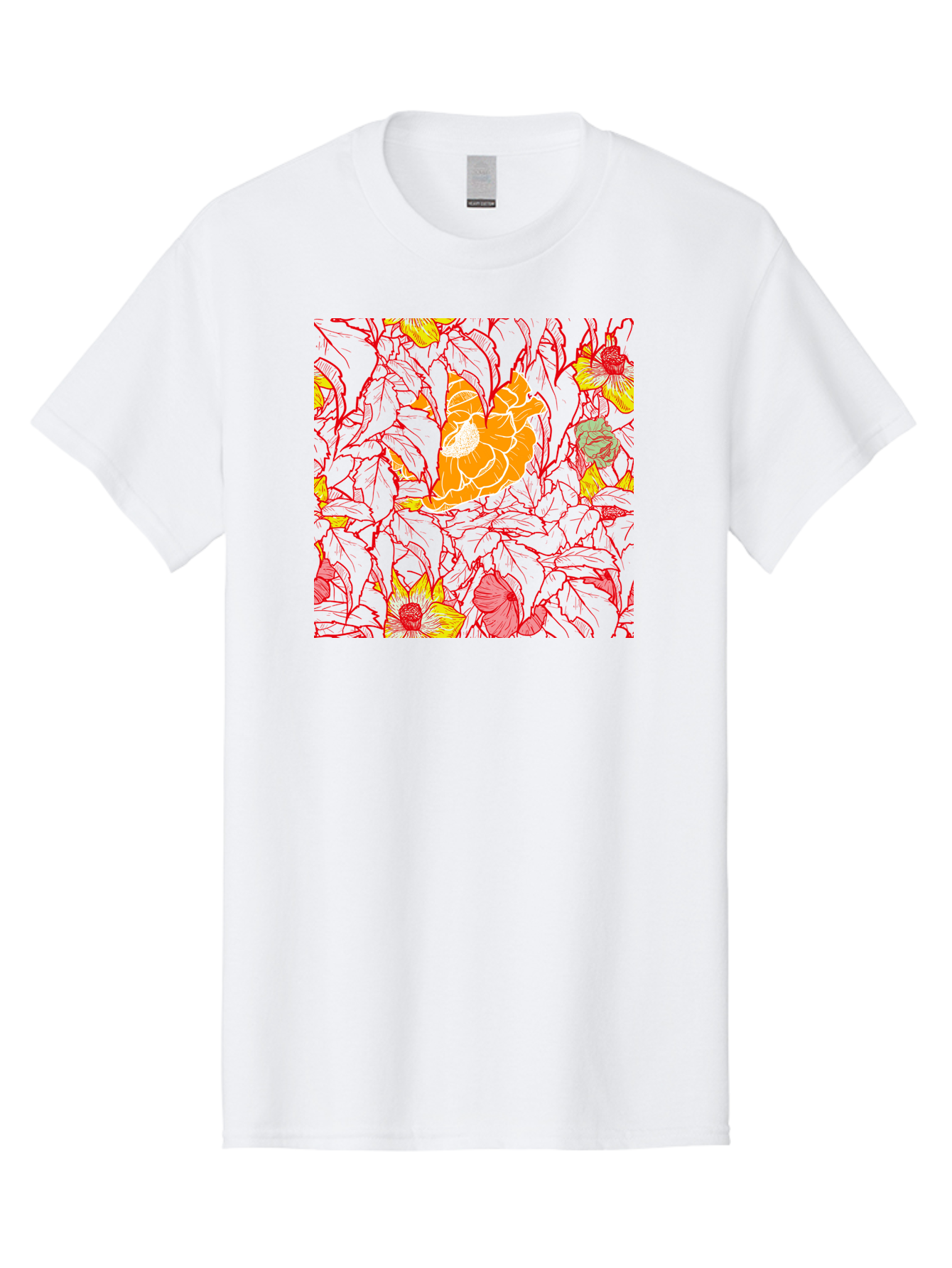 Tangerine-Floral-Pattern Men'S Graphic Tee, 100% Cotton, Comfortable Casual Summer Wear, Machine Washable, Tropical Flowers, Floral Pattern, Vibrant Colors, Orange Flowers, Yellow Flowers, Red Stems, Blue Leaves, Exotic Blooms, Aac424
