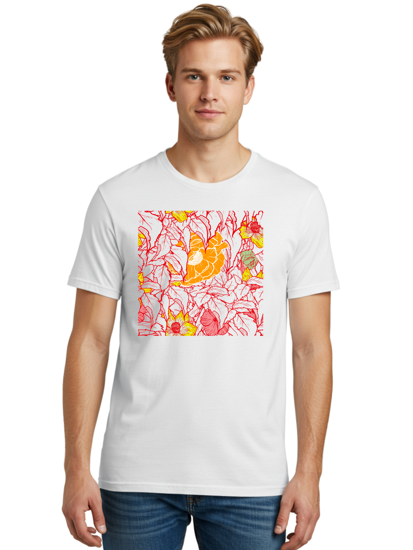 Tangerine-Floral-Pattern Men'S Graphic Tee, 100% Cotton, Comfortable Casual Summer Wear, Machine Washable, Tropical Flowers, Floral Pattern, Vibrant Colors, Orange Flowers, Yellow Flowers, Red Stems, Blue Leaves, Exotic Blooms, Aac424
