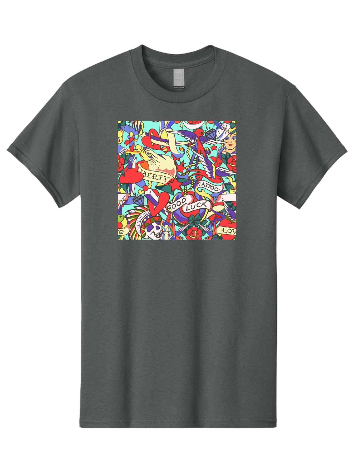 Tattoo-Pattern Men'S Graphic Tee, 100% Cotton, Comfortable Casual Summer Wear, Machine Washable, Vintage Tattoo Designs, Colorful Illustrations, Nautical Symbols, Love Hearts, Doves, Lady Heads, Roses, Skulls, Stars, Feathers, Banners, Aac425