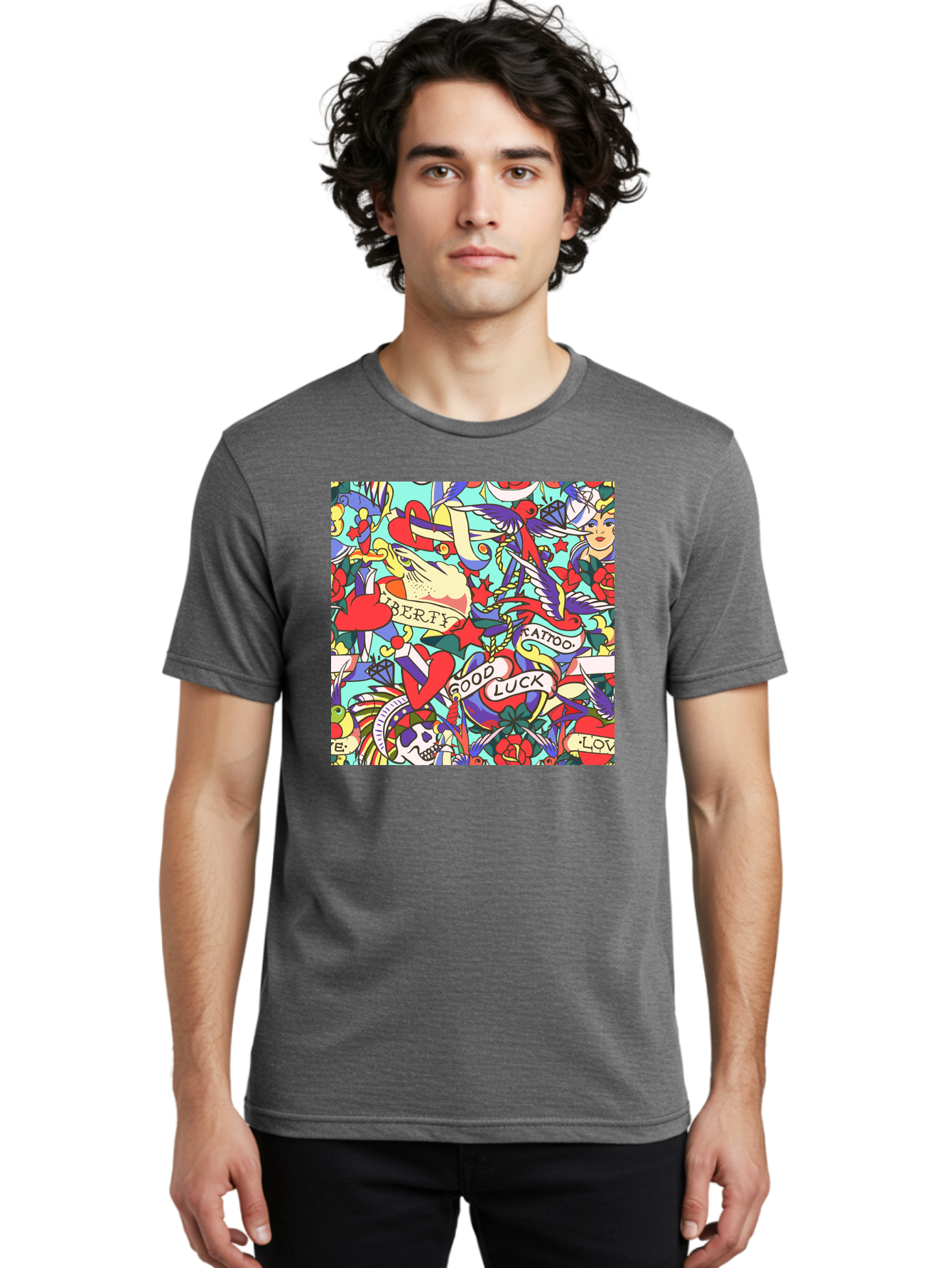 Tattoo-Pattern Men'S Graphic Tee, 100% Cotton, Comfortable Casual Summer Wear, Machine Washable, Vintage Tattoo Designs, Colorful Illustrations, Nautical Symbols, Love Hearts, Doves, Lady Heads, Roses, Skulls, Stars, Feathers, Banners, Aac425