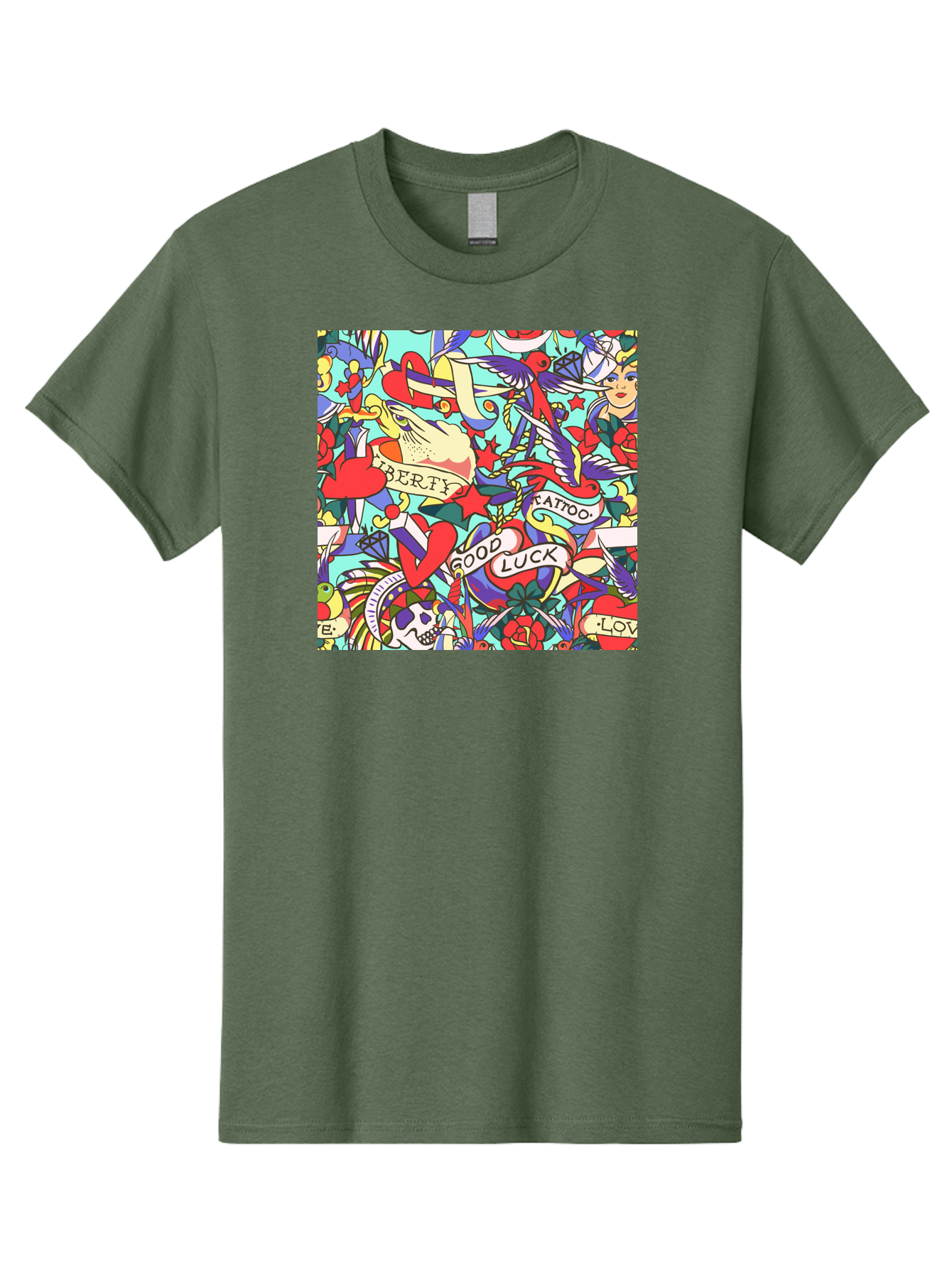 Tattoo-Pattern Men'S Graphic Tee, 100% Cotton, Comfortable Casual Summer Wear, Machine Washable, Vintage Tattoo Designs, Colorful Illustrations, Nautical Symbols, Love Hearts, Doves, Lady Heads, Roses, Skulls, Stars, Feathers, Banners, Aac425