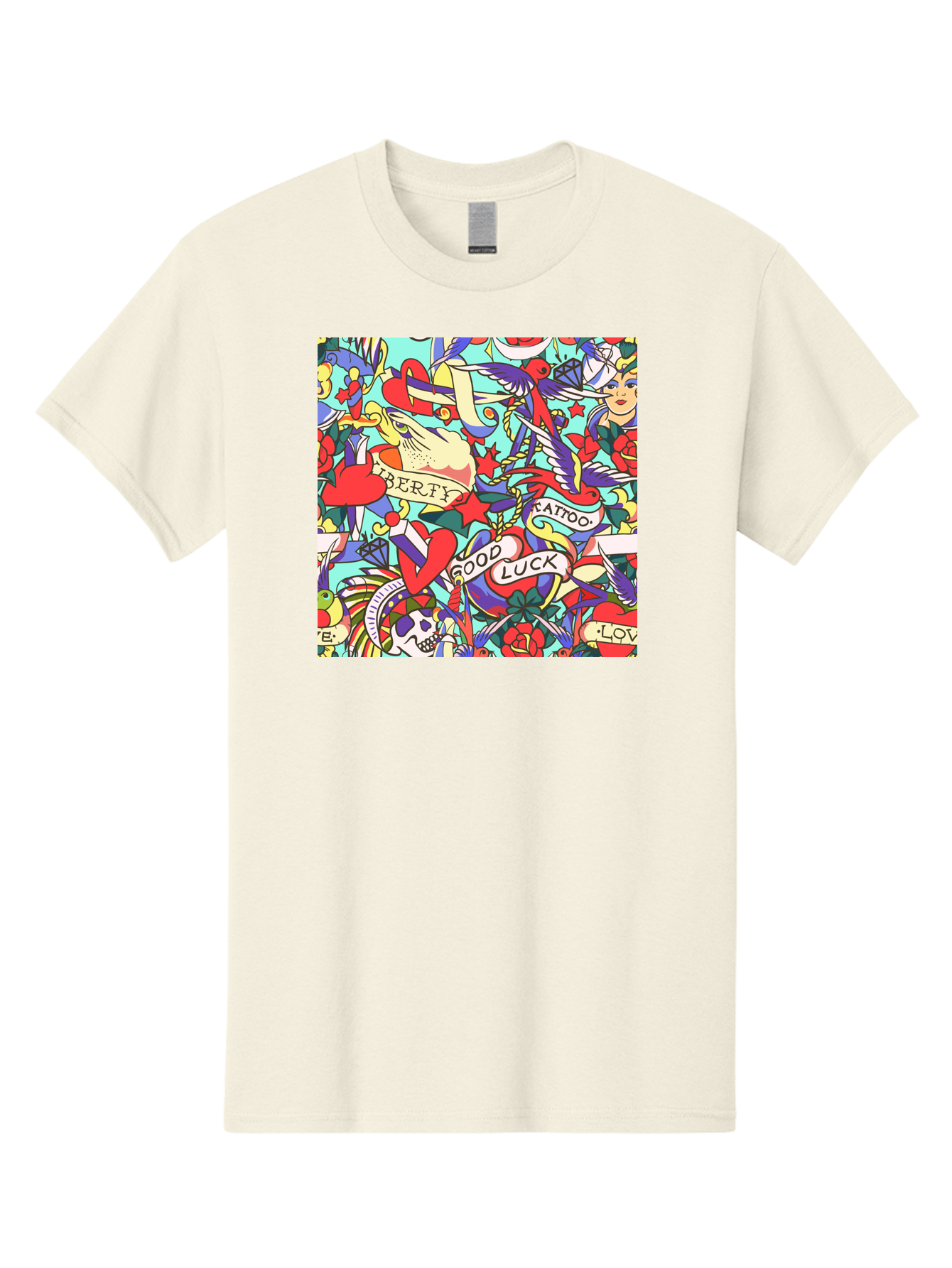 Tattoo-Pattern Men'S Graphic Tee, 100% Cotton, Comfortable Casual Summer Wear, Machine Washable, Vintage Tattoo Designs, Colorful Illustrations, Nautical Symbols, Love Hearts, Doves, Lady Heads, Roses, Skulls, Stars, Feathers, Banners, Aac425