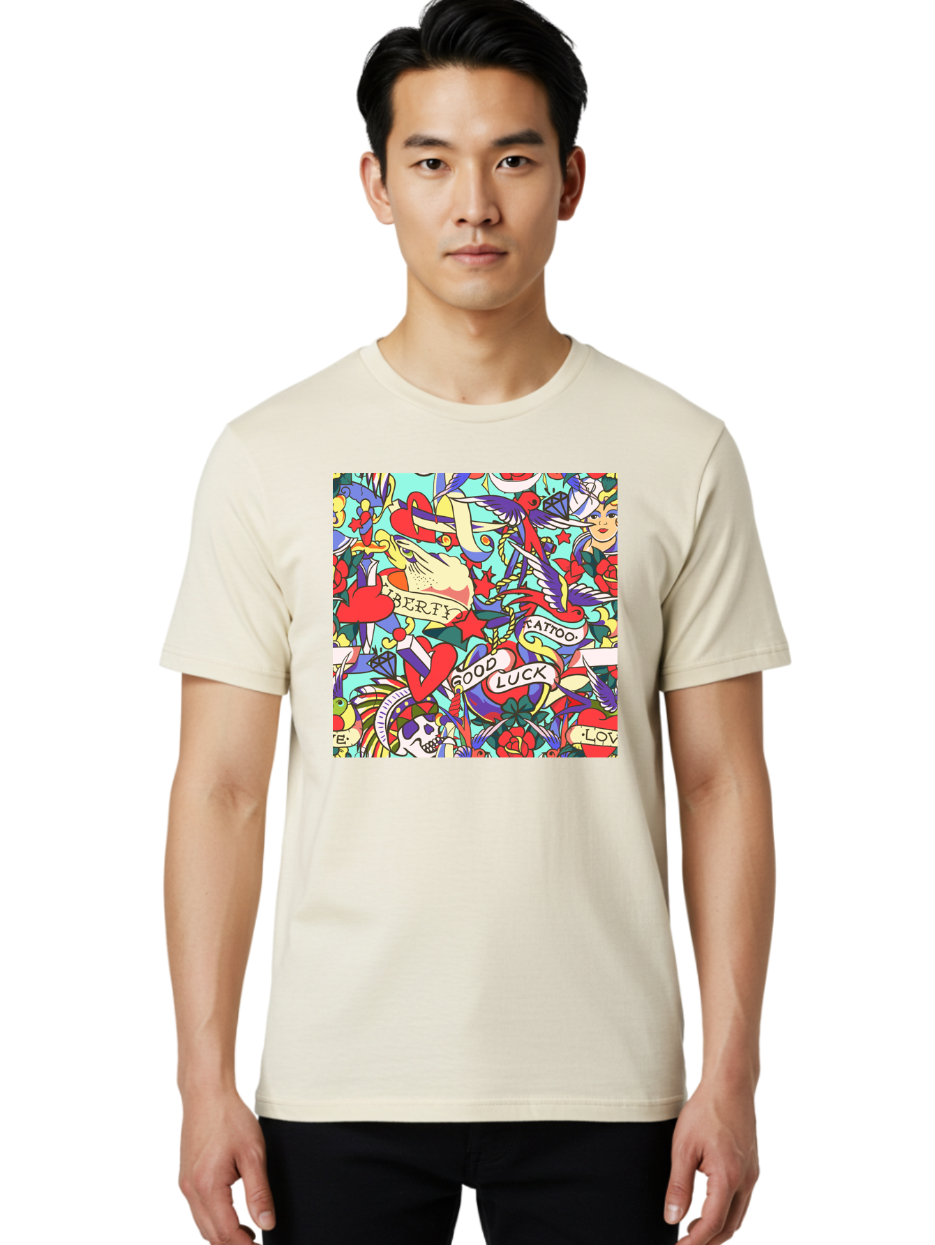 Tattoo-Pattern Men'S Graphic Tee, 100% Cotton, Comfortable Casual Summer Wear, Machine Washable, Vintage Tattoo Designs, Colorful Illustrations, Nautical Symbols, Love Hearts, Doves, Lady Heads, Roses, Skulls, Stars, Feathers, Banners, Aac425